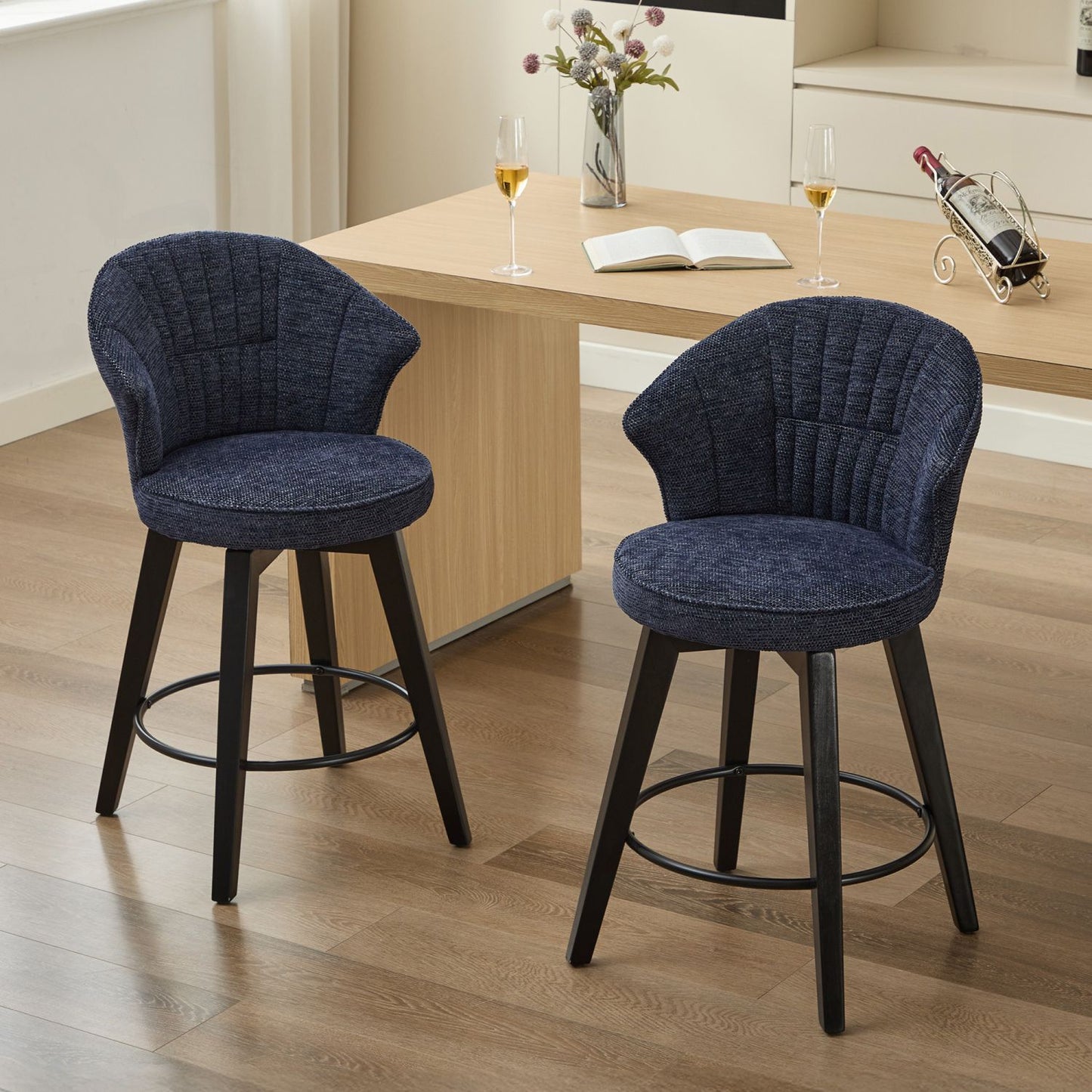 Chenille Swivel Bar Stools – Blue, Wide Backrest