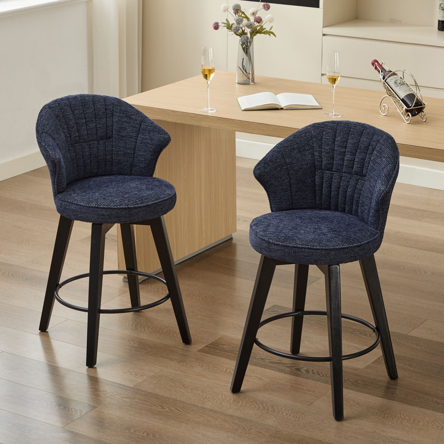 Chenille Swivel Bar Stools – Blue, Wide Backrest