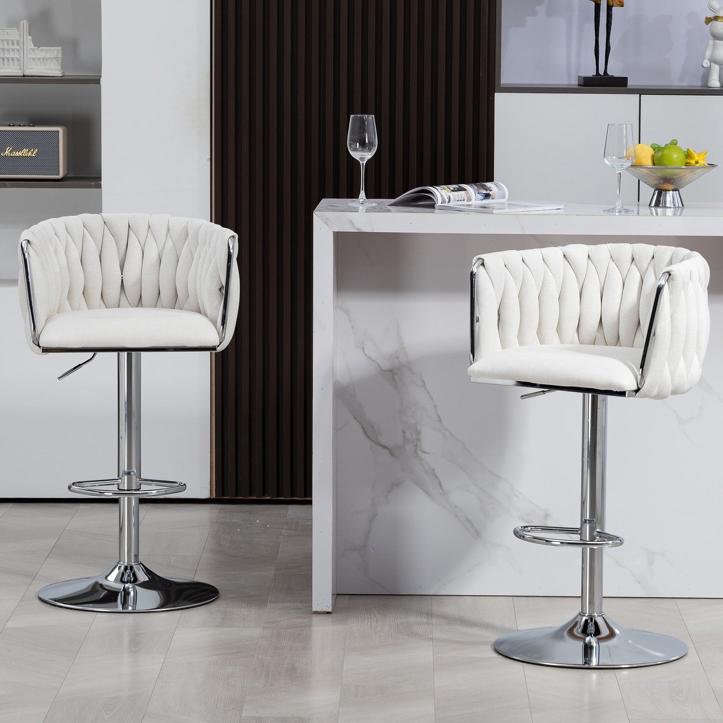 Fabric Swivel Bar Chairs – Set of 2, Beige, Chrome Base