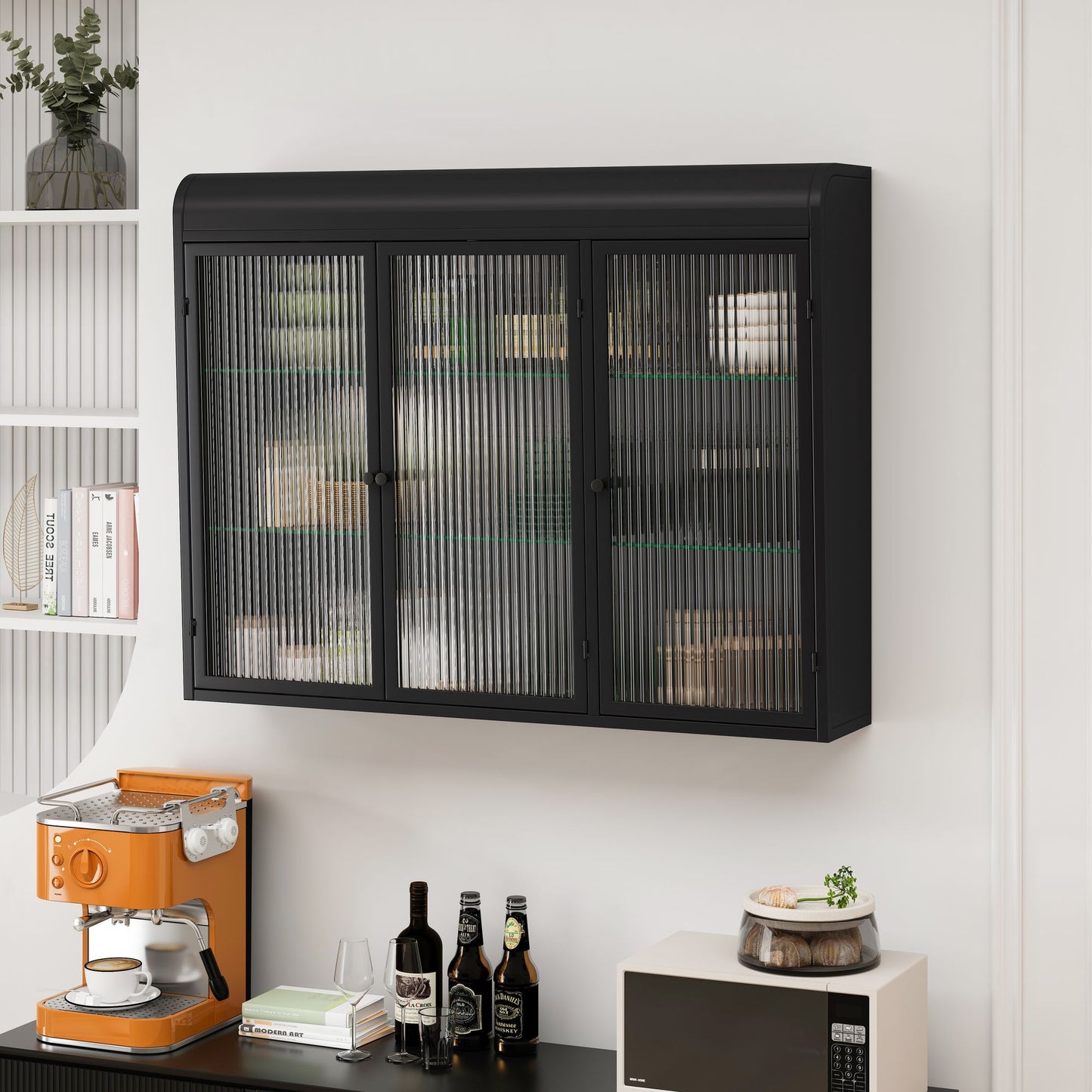 3 Door Arched Wall Mounted Glass Cabinets for Kitchen, Living Room and Bathroom(Black)
