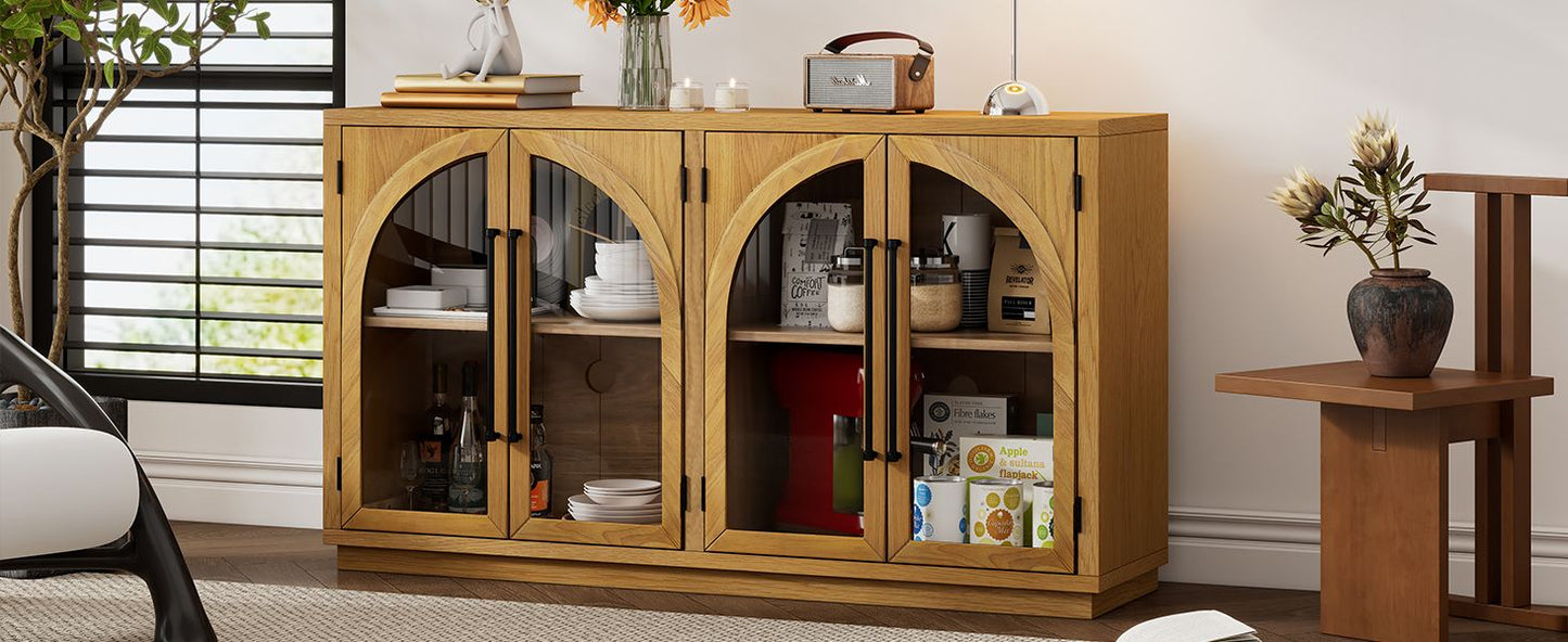 TREXM 4-Door Large Storage Sideboard Buffet Cabinet with Glass Doors, Arched Cabinet with Adjustable Shelves for Kitchen, Dining Room and Living Room (Natural Wood)