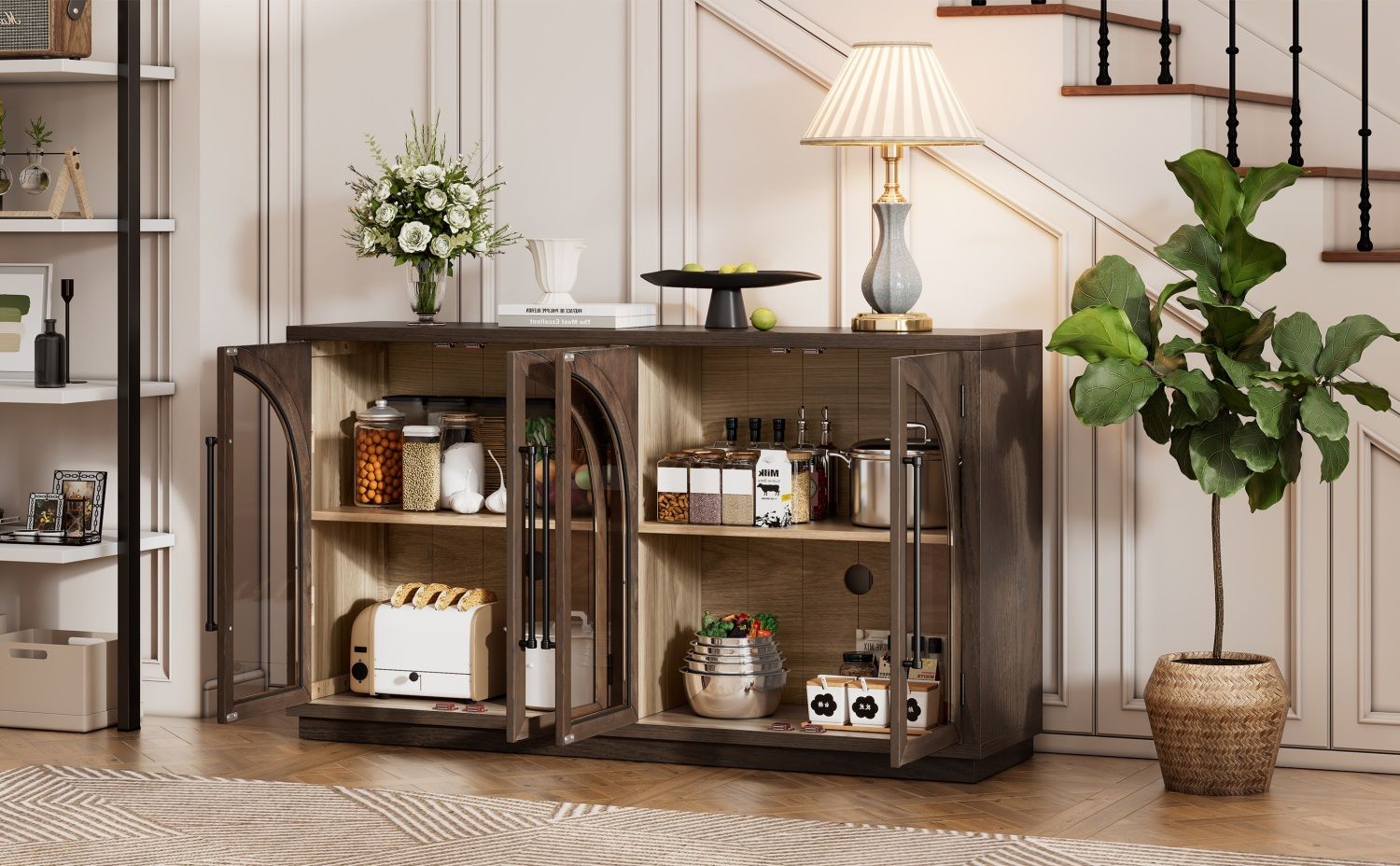 TREXM 4-Door Large Storage Sideboard Buffet Cabinet with Glass Doors, Arched Cabinet with Adjustable Shelves for Kitchen, Dining Room and Living Room (Espresso)