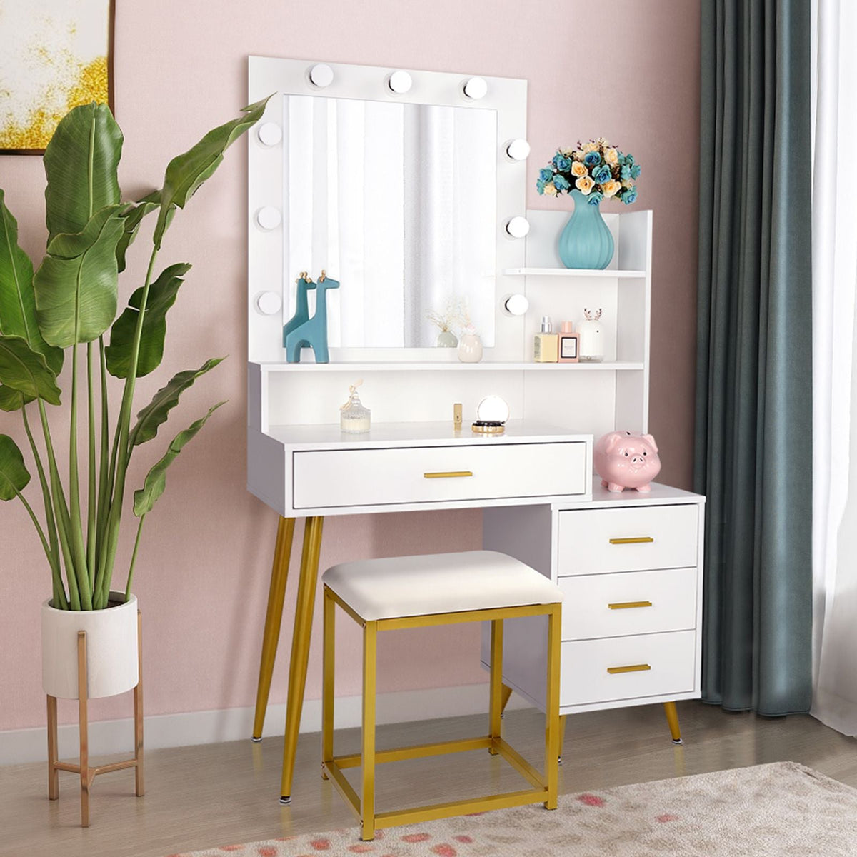 Wood & Metal Mid-Century Vanity with LED Mirror, White, 4 Drawers, 36" Wide — alternate view 20