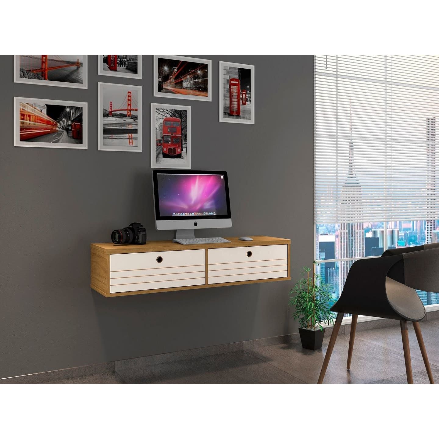 Manhattan Comfort Liberty 42.28 Mid-Century Modern Floating Office Desk with 2 Shelves in Cinnamon and Off White