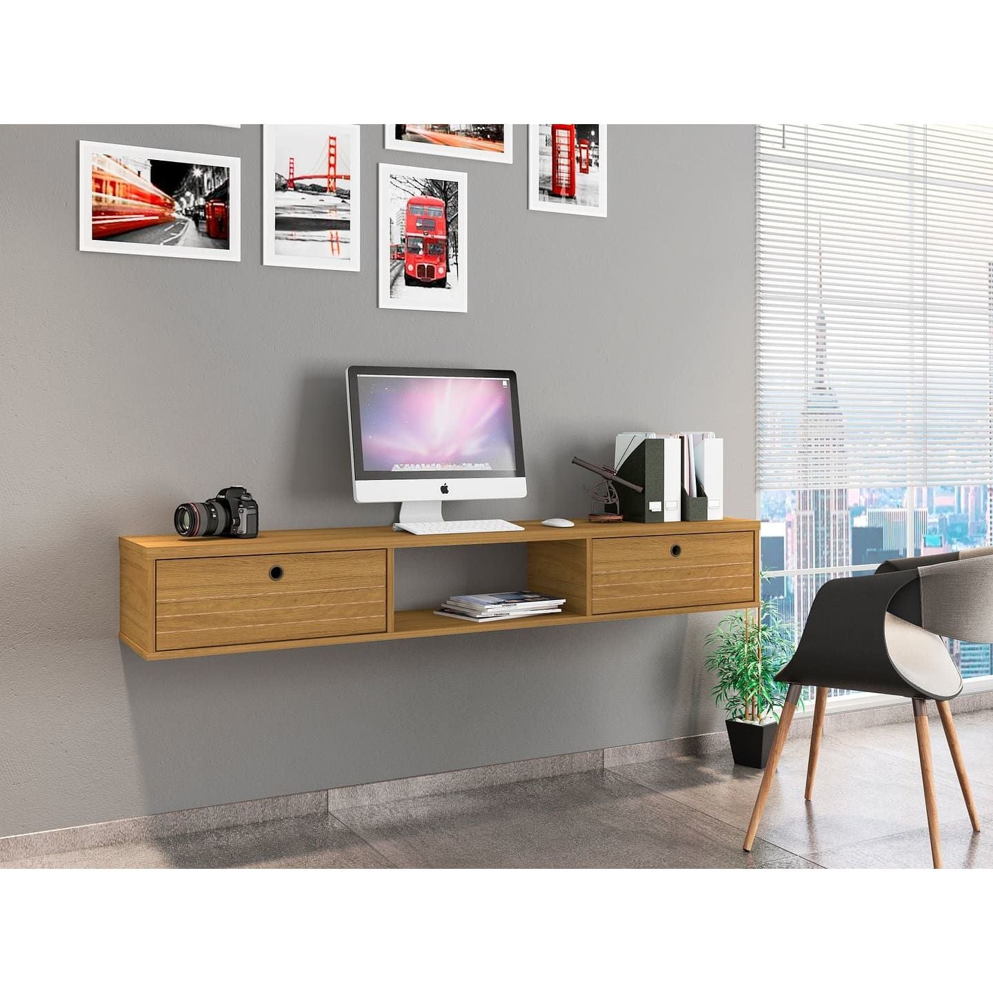 Manhattan Comfort Liberty 62.99 Mid-Century Modern Floating Office Desk with 3 Shelves in Cinnamon