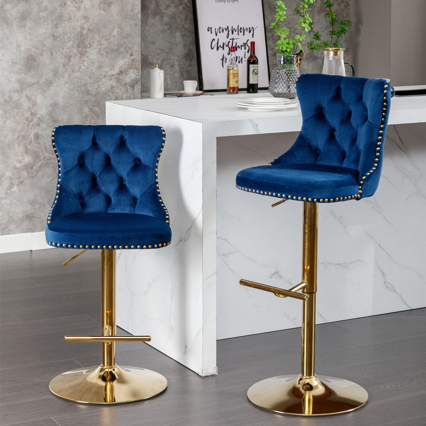 Set of 2 Blue Velvet Swivel Bar Stools – Gold Base