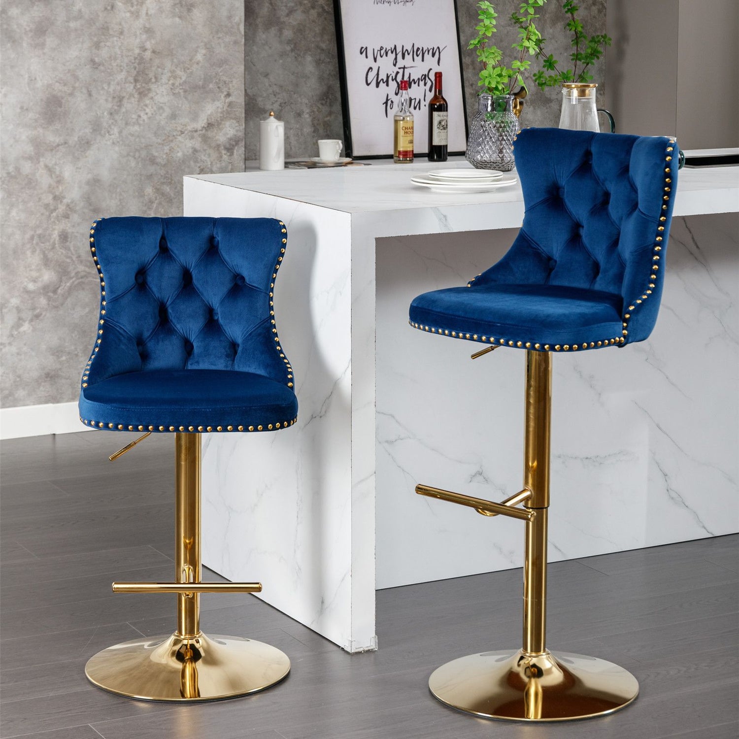 Set of 2 Blue Velvet Swivel Bar Stools – Gold Base