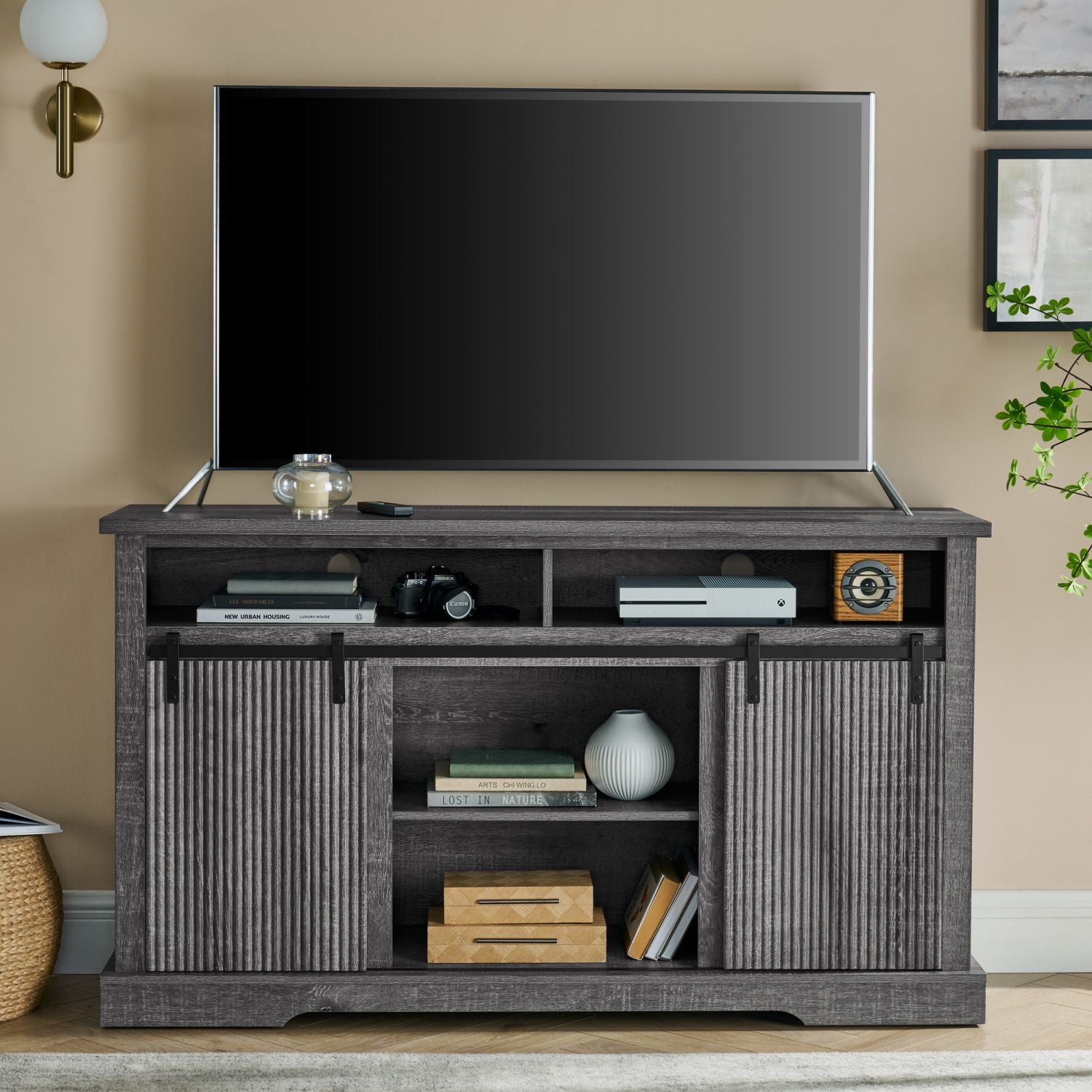 TV Stand for 65 Inch TV, Entertainment Center with Storage Cabinets and Sliding Barn Door, Mid Century Modern Media Living Room Bedroom TV Console Table