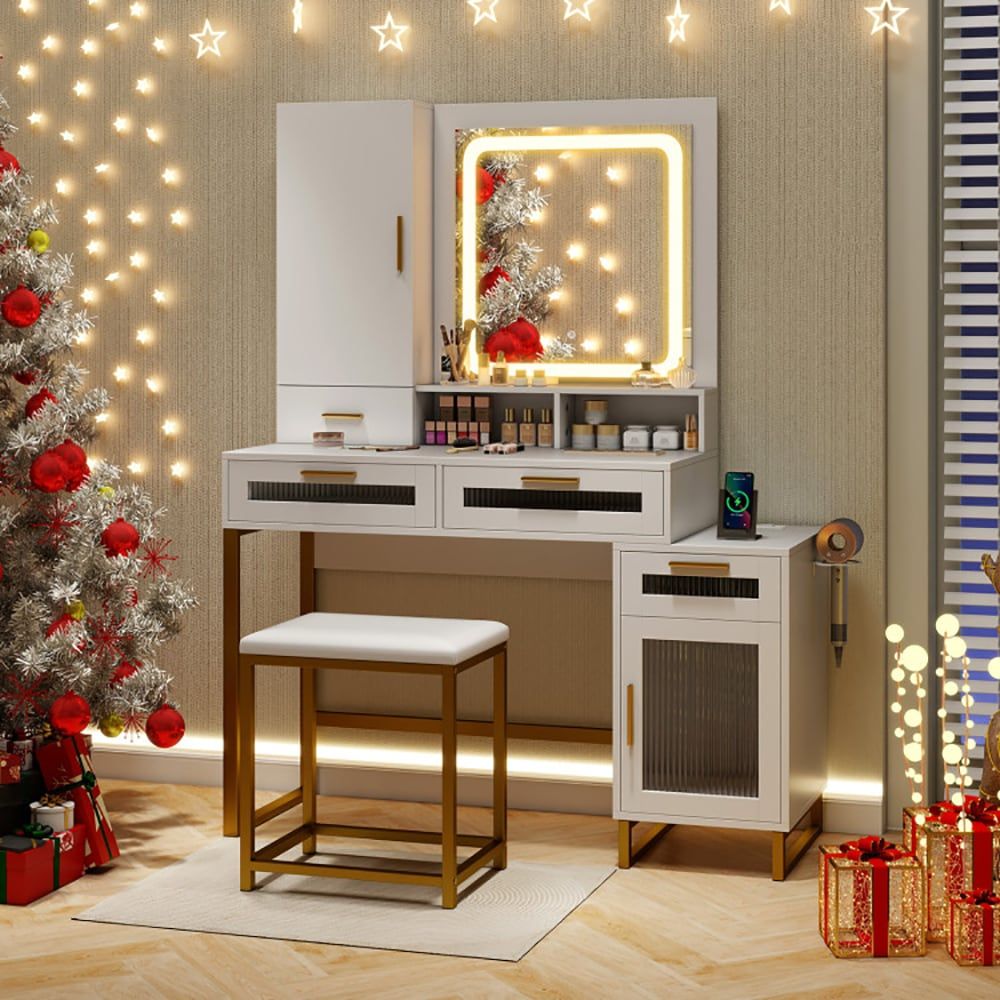 Mid-Century Vanity with LED Mirror, White, 57" Tall — alternate view 10