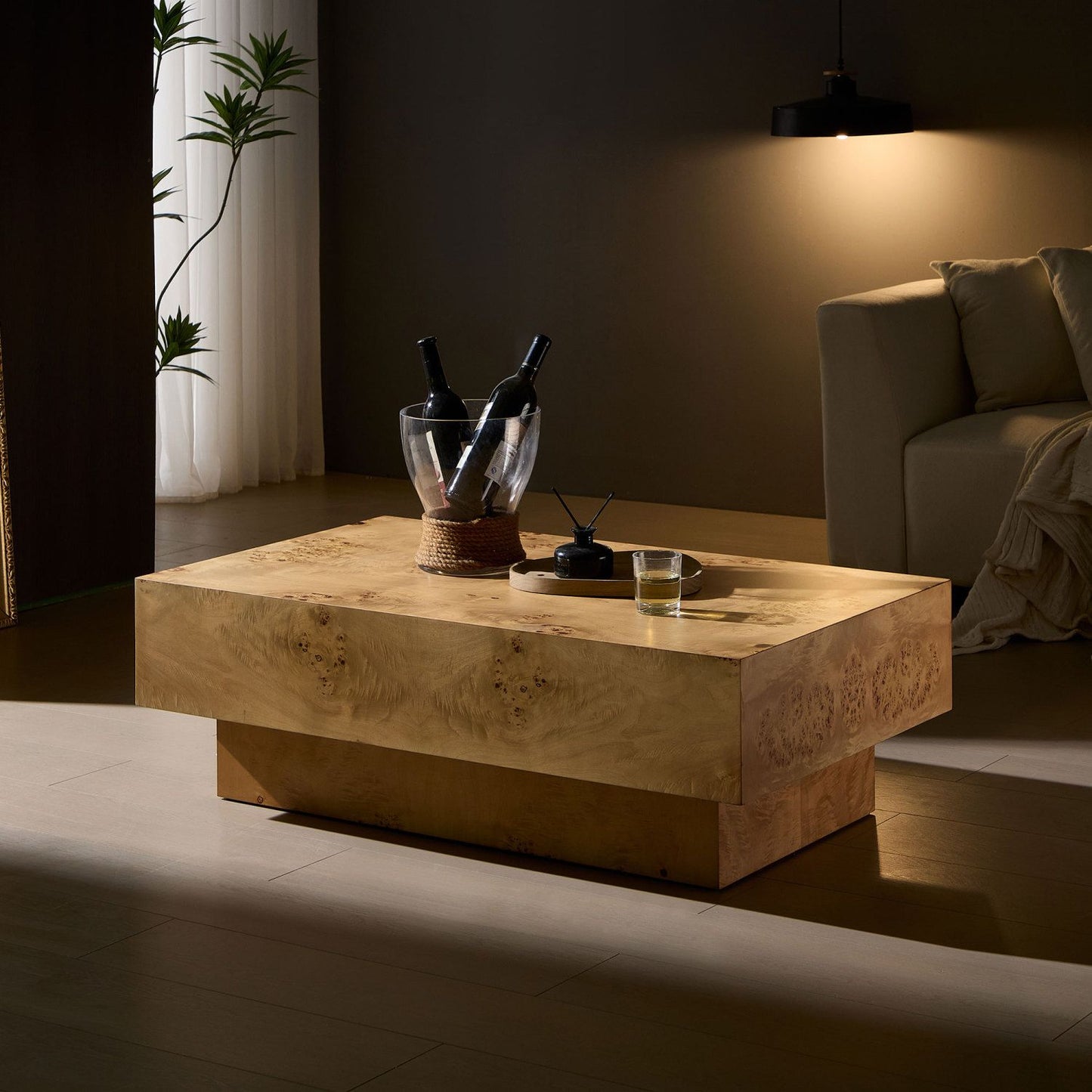 43.31 Inch Burl Wood Veneer Coffee Table,Rectangle Mid-Century Modern Table for Living Room,Coffee Table with Sturdy MDF Pedestal for Office,Apartment