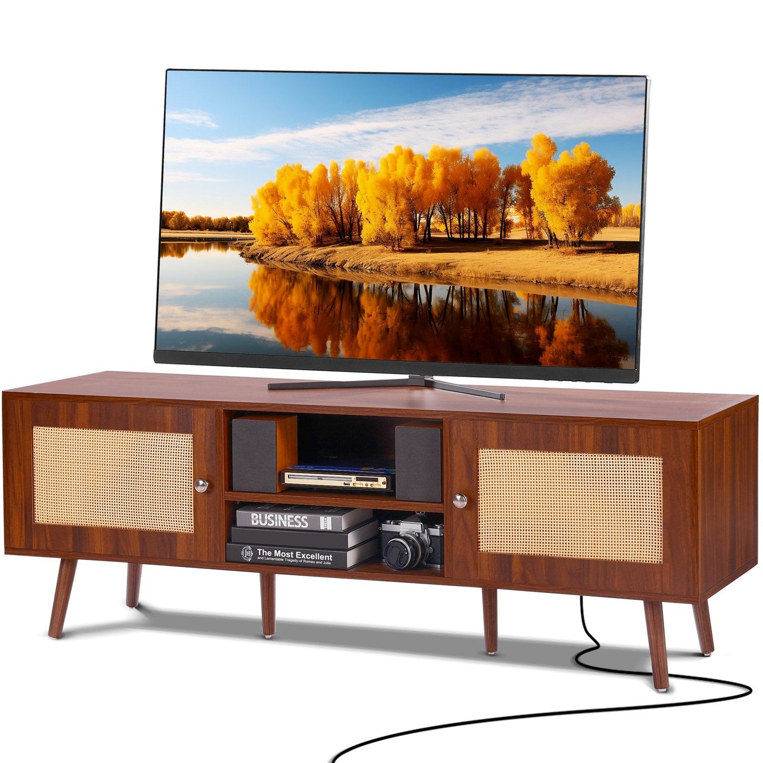 VEVOR Rattan TV Stand, Mid Century Modern TV Stand for 65 inch TV, Boho Rattan TV Cabinet with Build-in Socket and USB Ports, Adjustable Shelfs for Living Room, Media Room, Walnut