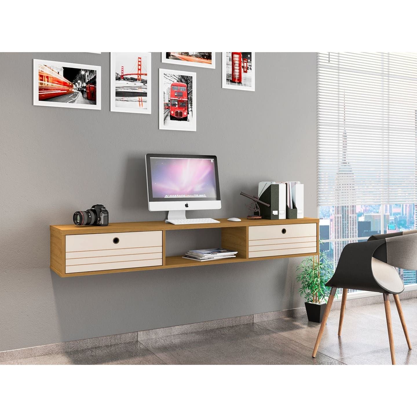 Manhattan Comfort Liberty 62.99 Mid-Century Modern Floating Office Desk with 3 Shelves in Cinnamon and Off White