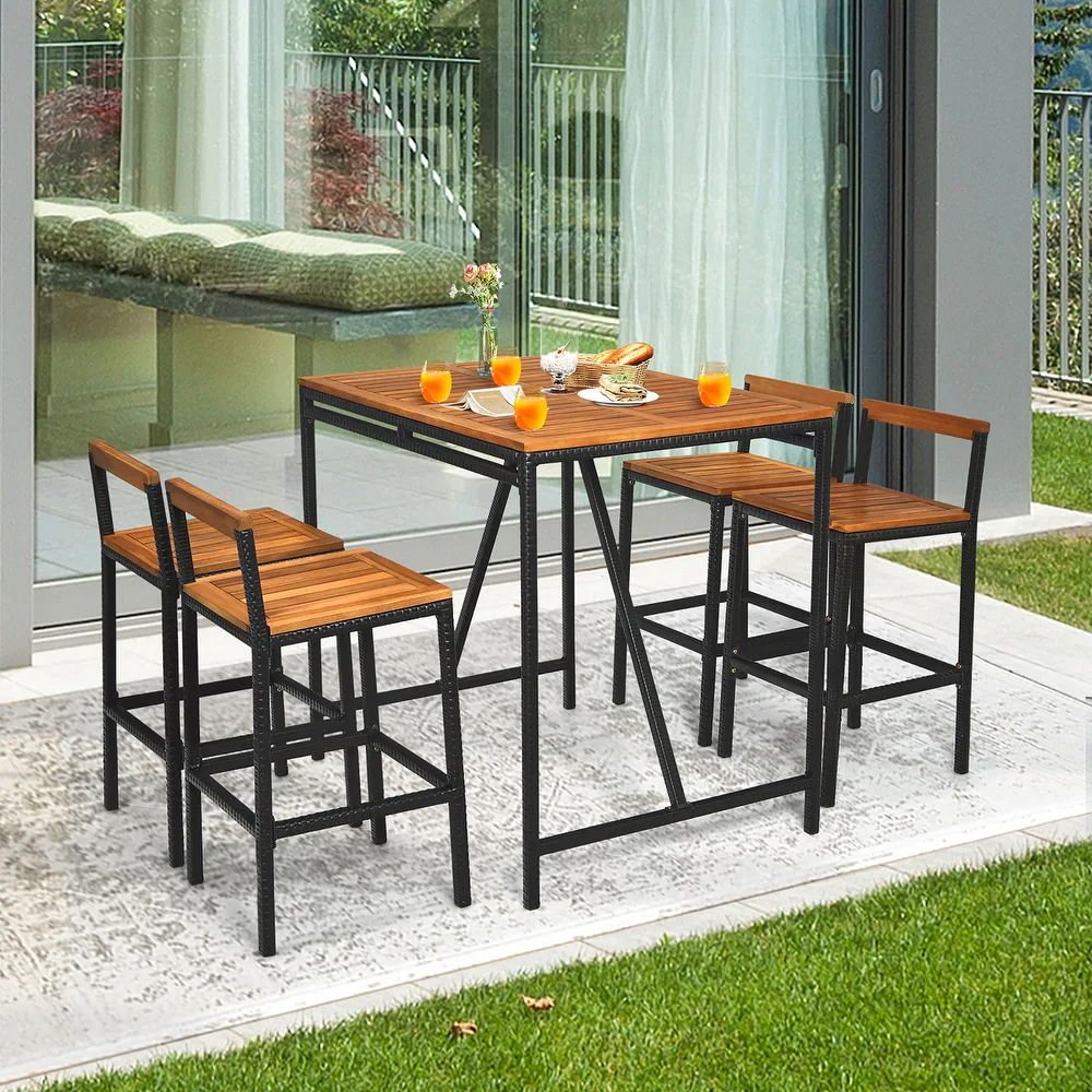 5 Pieces Outdoor Acacia Wood and PE Rattan Bar Set