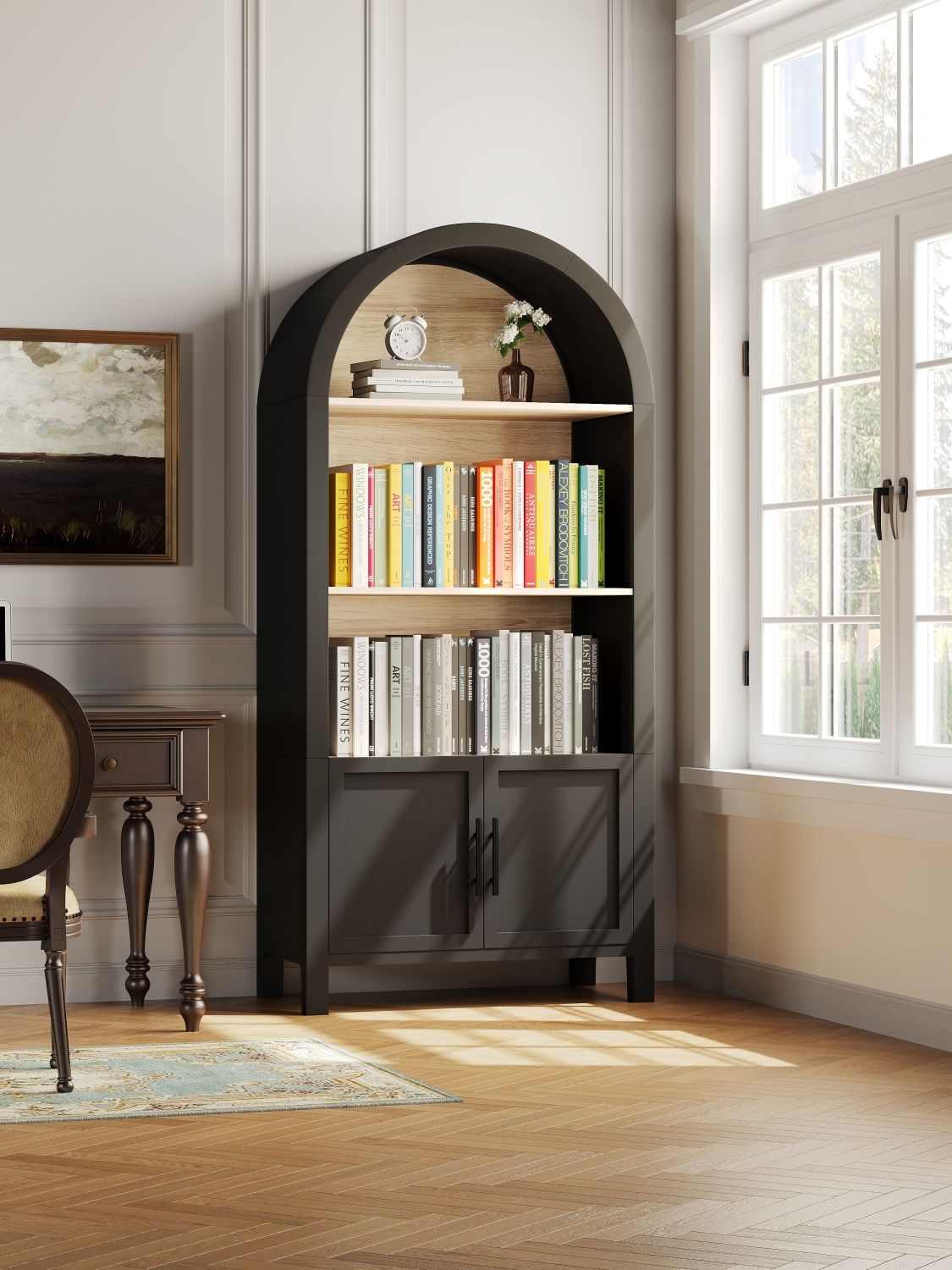 66.70 inch Tall Arched Bookcase with Storage, Mid-Century Modern 3-Tier Arched Cabinet with Door, Arched Bookshelf Cabinet with Open Display Storage Shelf for Office Dining Room Living Room (Black)