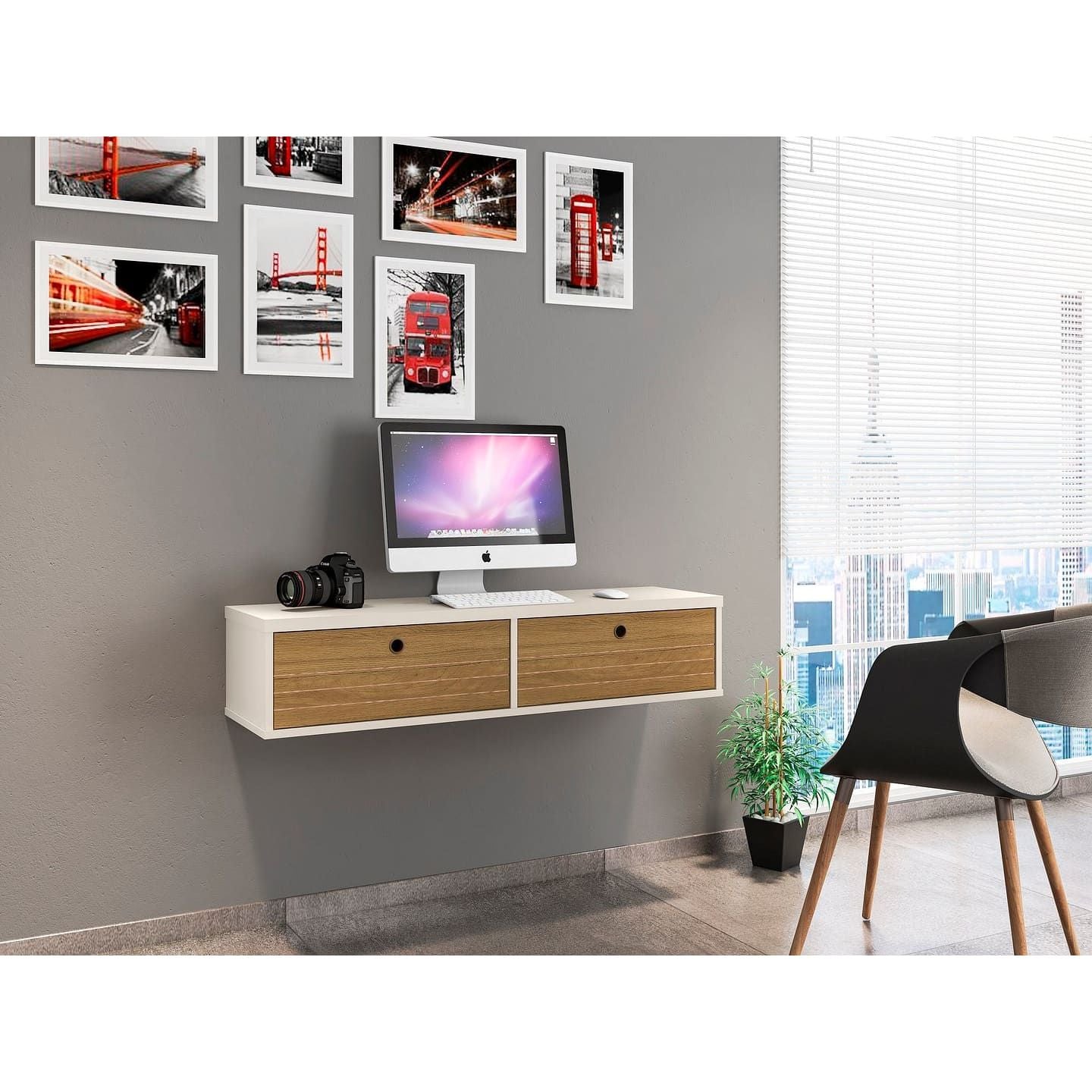 Manhattan Comfort Liberty 42.28 Mid-Century Modern Floating Office Desk with 2 Shelves in Off White and Cinnamon