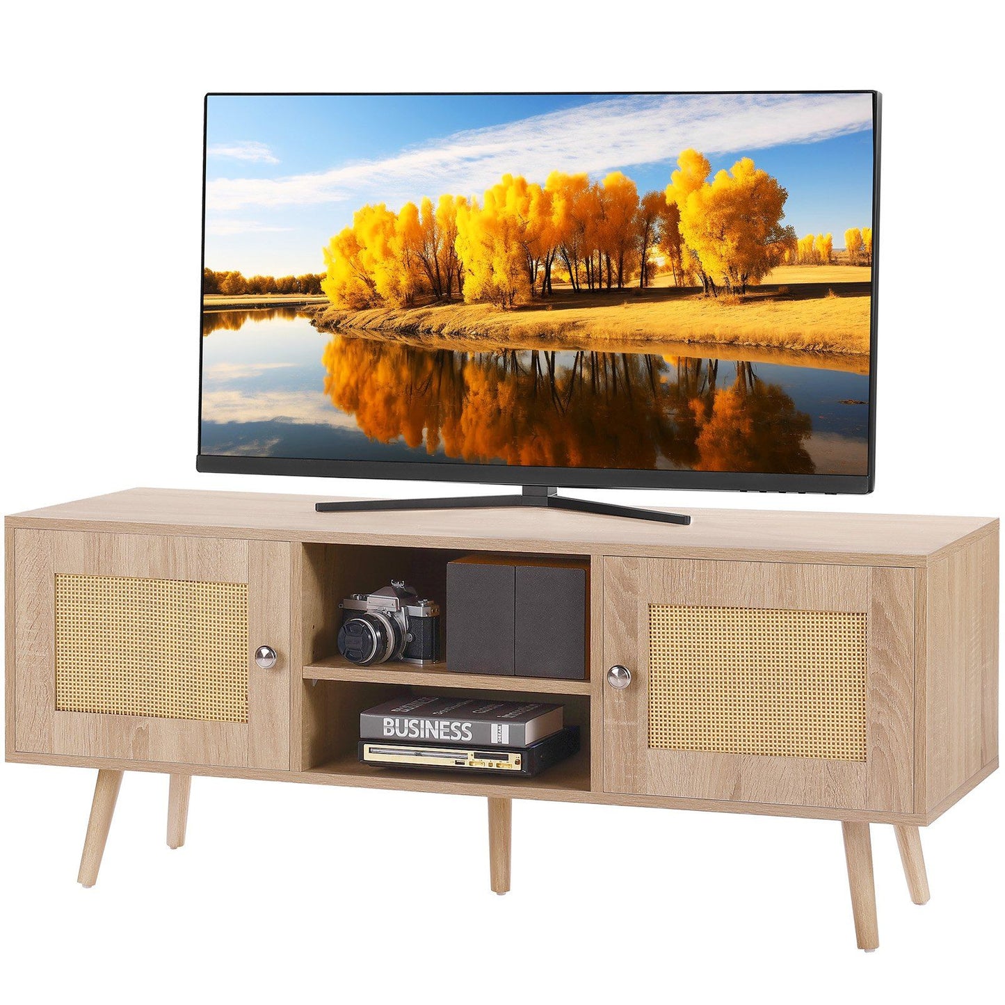 VEVOR Rattan TV Stand, Boho TV Cabinet for 55 inch TV, Mid Century Modern TV Stand, Rattan TV Console with Adjustable Shelfs for Living Room, Media Room, Oak