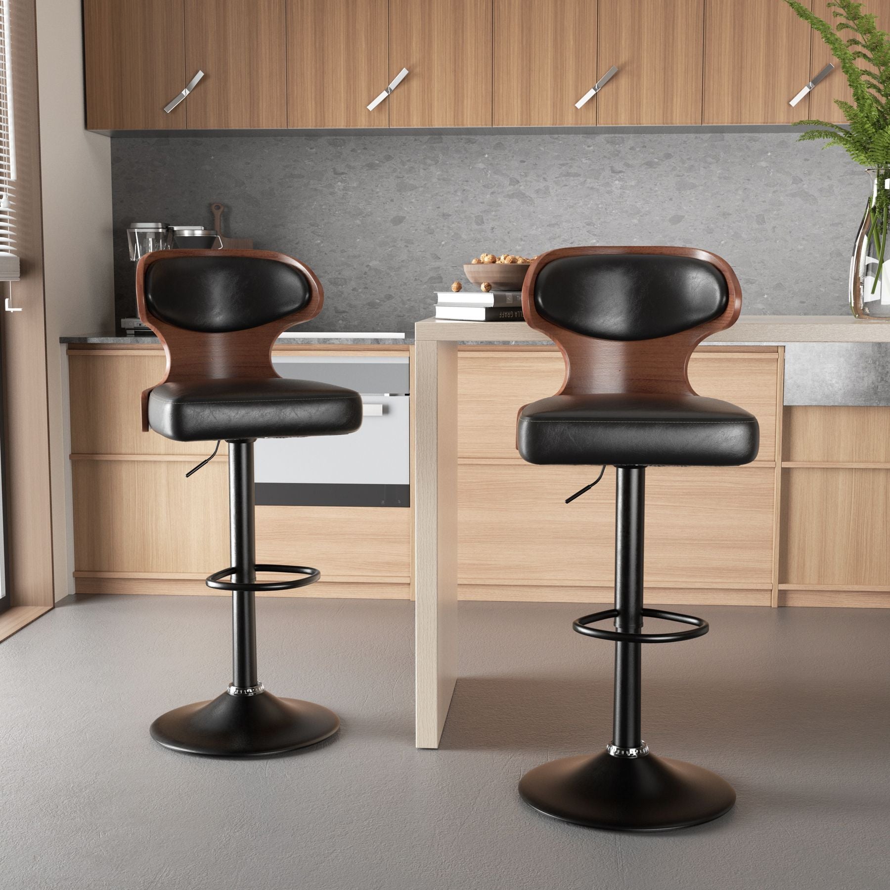 Bentwood Swivel Bar Stools – Set of 2, PU Leather