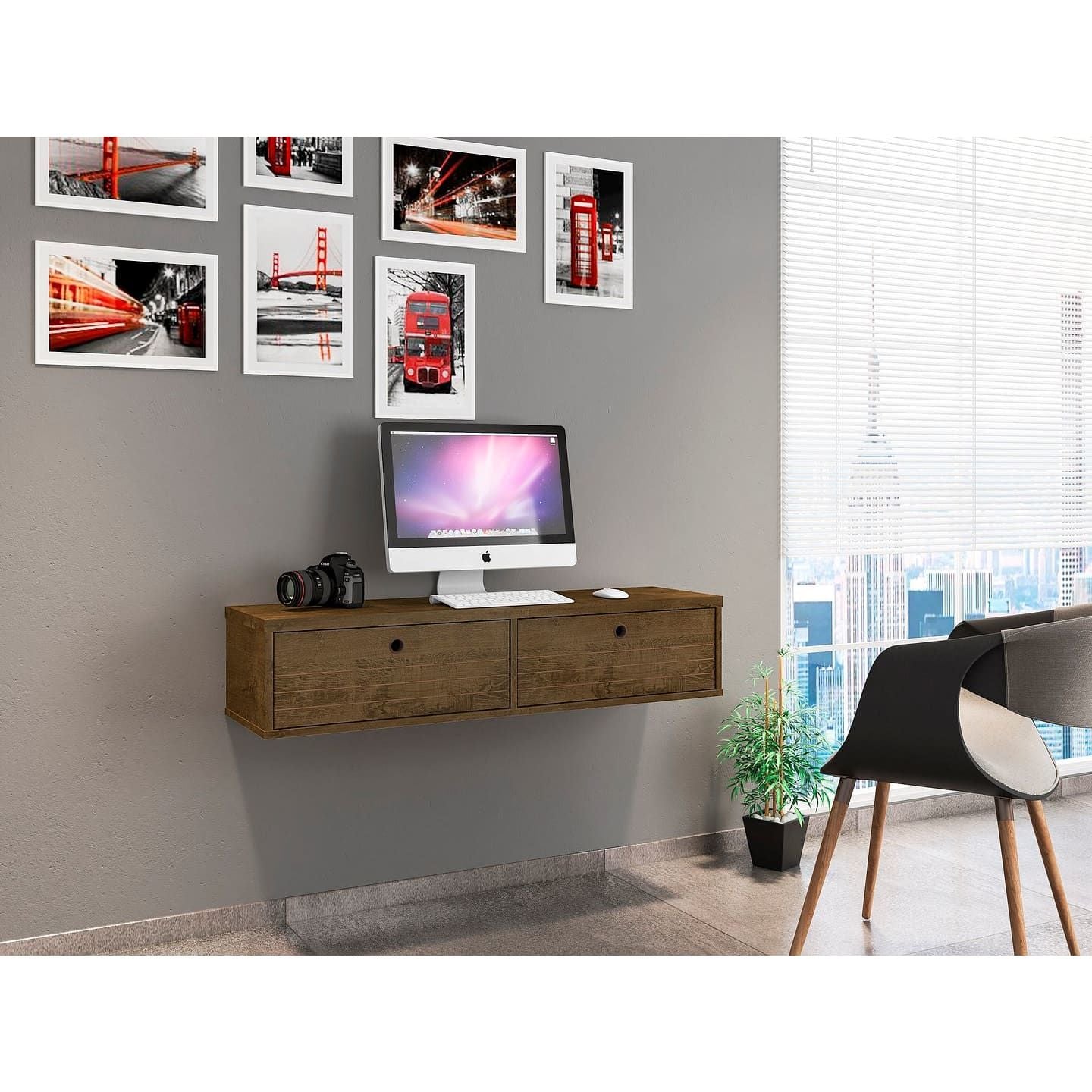 Manhattan Comfort Liberty 42.28 Mid-Century Modern Floating Office Desk with 2 Shelves in Rustic Brown