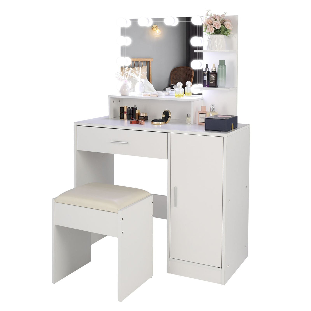 Wood & Metal Mid-Century Vanity with LED Mirror, White, 1 Drawer, with Storage — alternate view 8