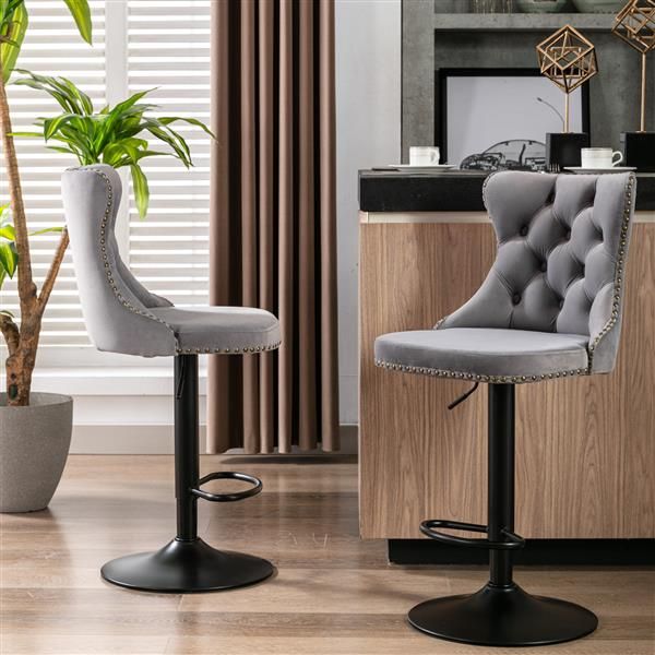 Gray Velvet Swivel Bar Stools – Chrome Base, Set of 2