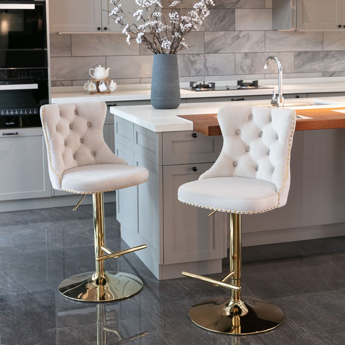 Gold Velvet Swivel Bar Stools – Tufted, Adjustable