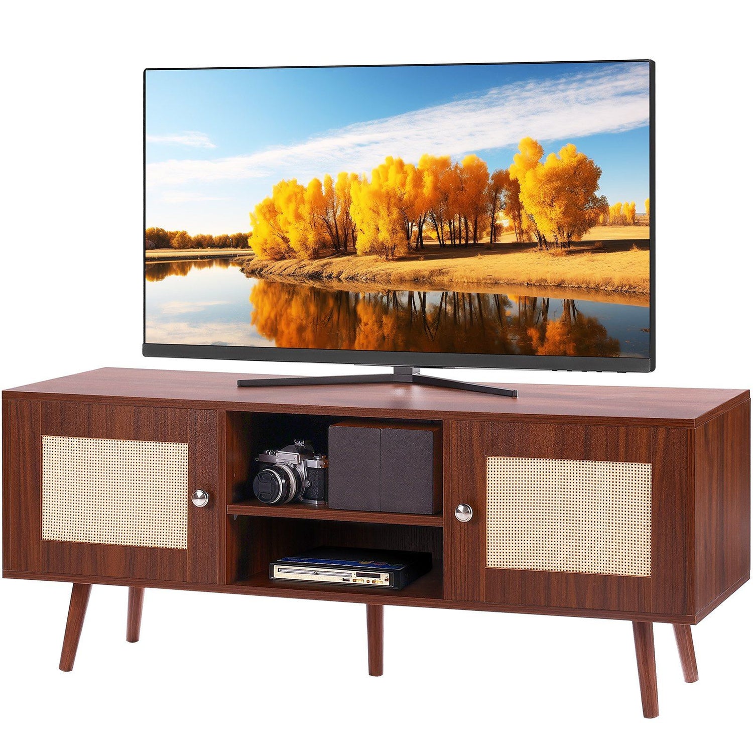 VEVOR Rattan TV Stand, Boho TV Cabinet for 55 inch TV, Mid Century Modern TV Stand, Rattan TV Console with Adjustable Shelfs for Living Room, Media Room, Walnut