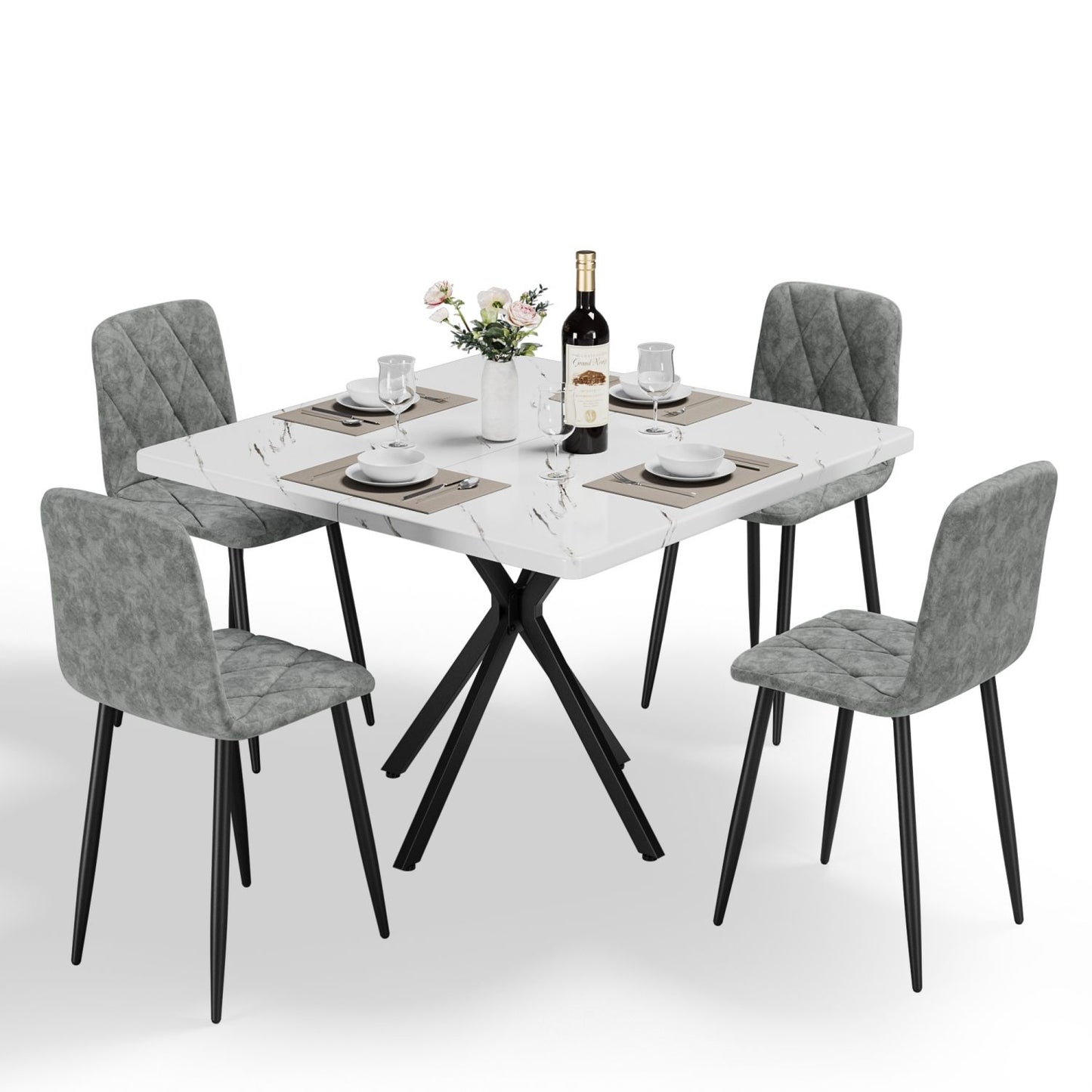 Square Dining Table Set, Mid Century Modern Square Dining Table for 4 Person, Faux Marble Tabletop, Iron Legs, Coffee Table for Kitchen Dining Room, Office, Save Space