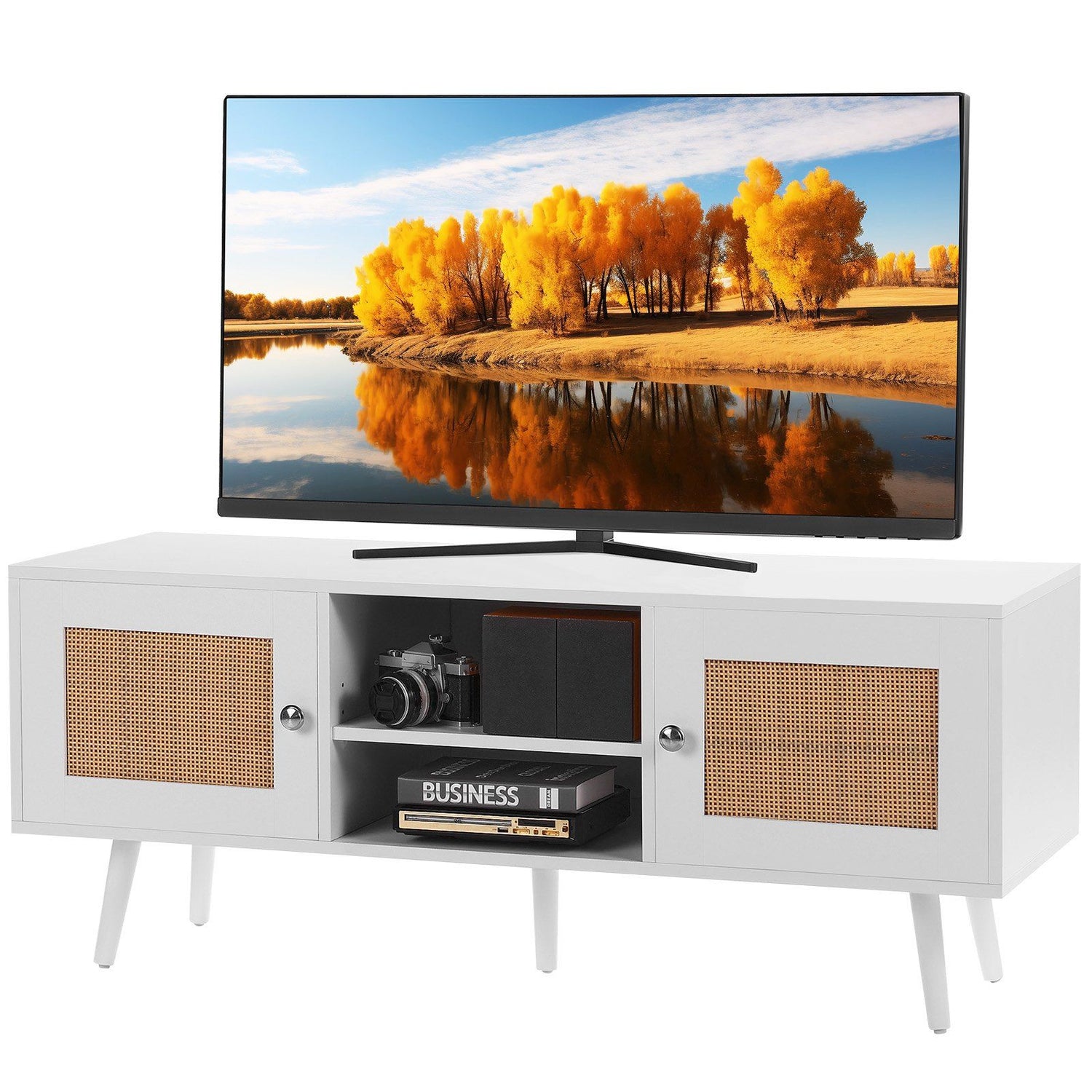 VEVOR Rattan TV Stand, Boho TV Cabinet for 55 inch TV, Mid Century Modern TV Stand, Rattan TV Console with Adjustable Shelfs for Living Room, Media Room, White