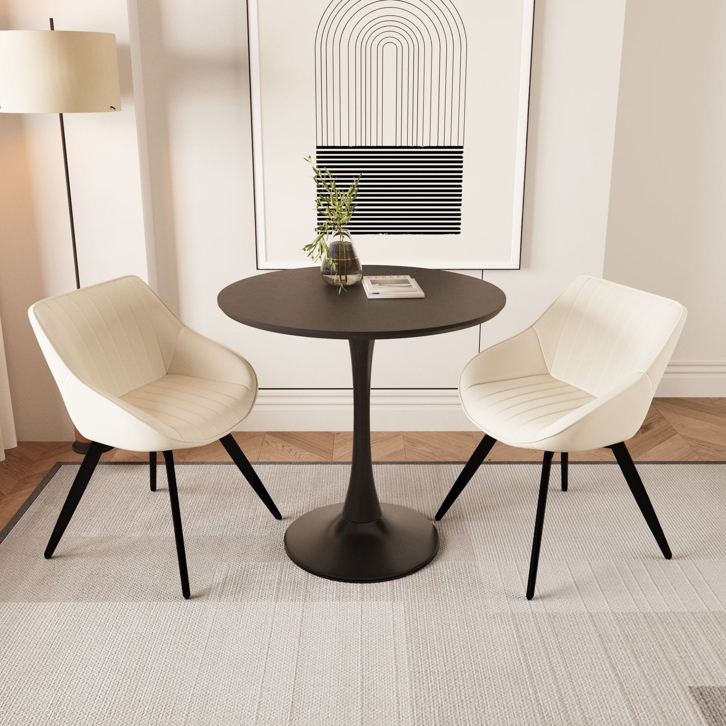 31.5 " walnut color MDF round dining table, tulip dining table, and 2 artificial leather decorative chairs with black metal legs, 2-4 person kitchen dining table and chair set