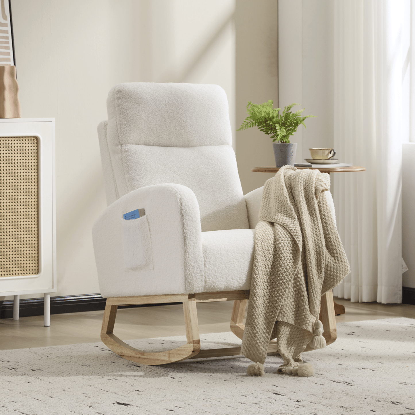 Modern Accent Rocking Chair Rocking Chair with Solid Wood Legs, Upholstered Nursery Glider Rocker, Comfy Armchair with Side Pocket, Living Room Lounge Arm Chair with High Backrest (Beige,teddy)