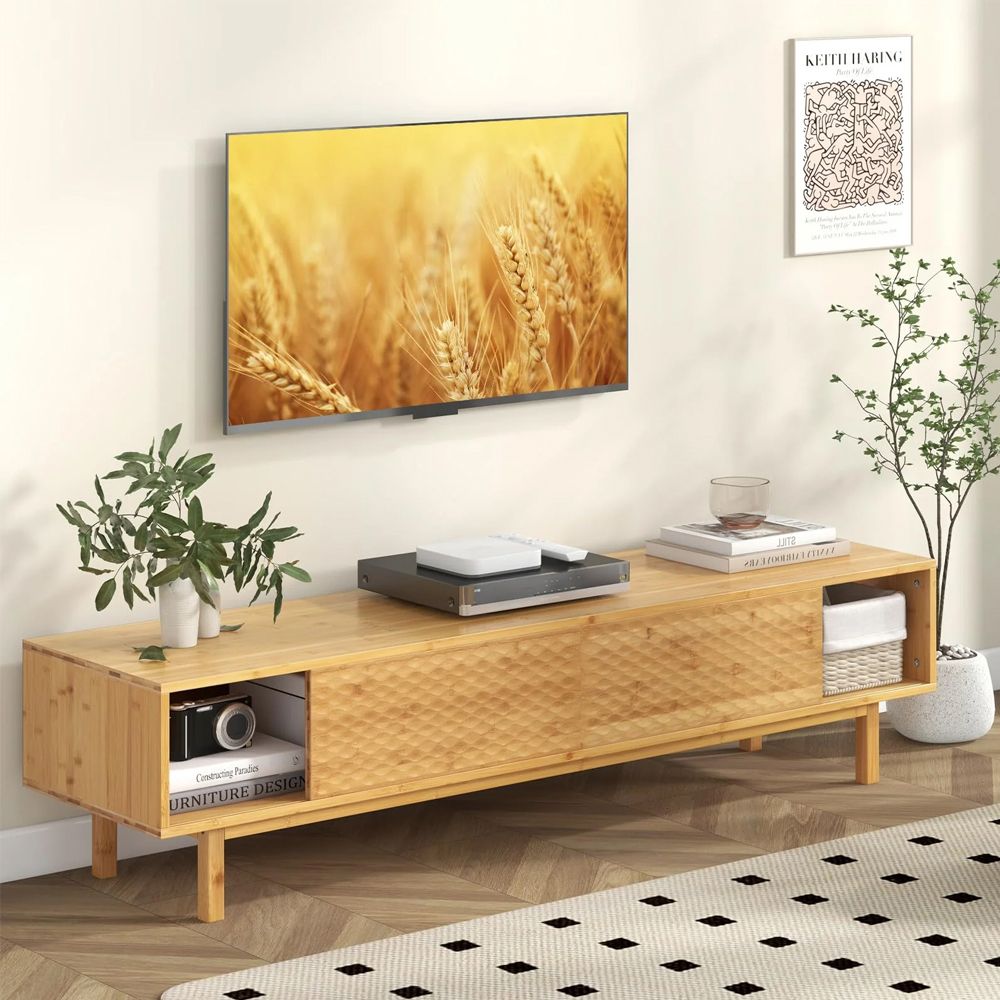 1PC 63 Inches Mid Century Modern Bamboo TV Stand with Sliding Doors TV Stand