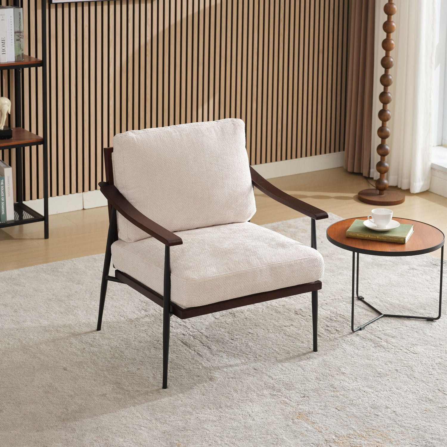 Modern Accent Chair, Mid Century Modern Accent Chairs, Linen Fabric Arm Chair with Wood Armrests, Upholstered Leisure Chair for Living Room, Bedroom, Reception Room, White