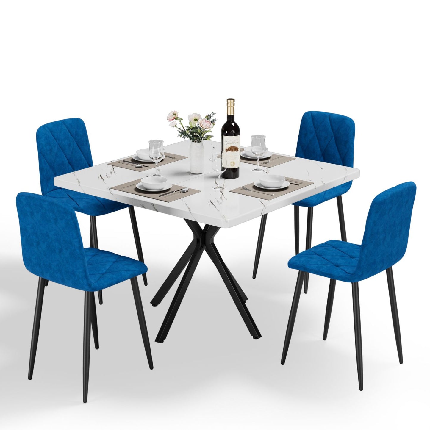 Square Dining Table Set, Mid Century Modern Square Dining Table for 4 Person, Faux Marble Tabletop, Iron Legs, Coffee Table for Kitchen Dining Room, Office, Save Space