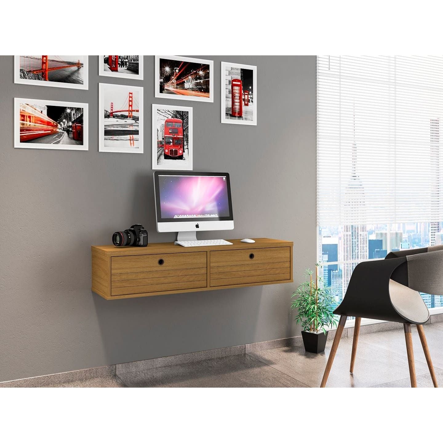 Manhattan Comfort Liberty 42.28 Mid-Century Modern Floating Office Desk with 2 Shelves in Cinnamon