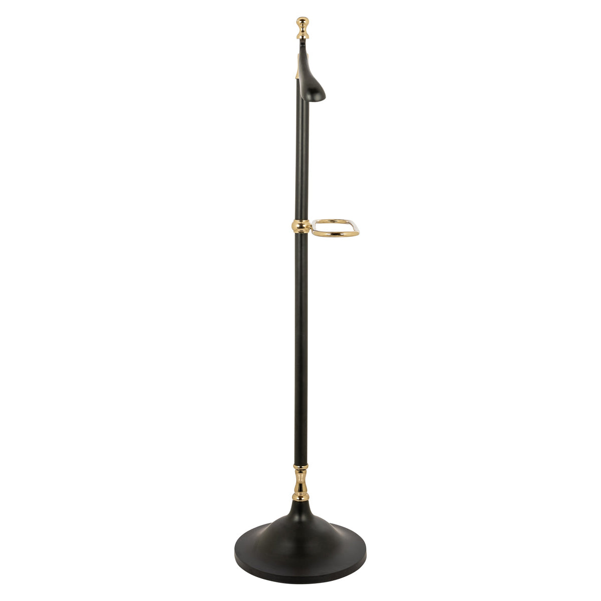 Black freestanding coat rack with gold-colored accents