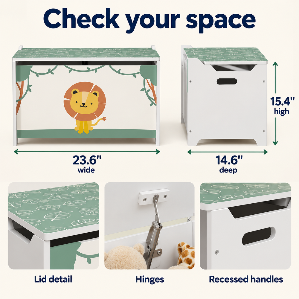 OHMM gallery v2 11 / 4 / fit and details — TOY STORAGE Chest with Lid and Handles, Green Lion Design