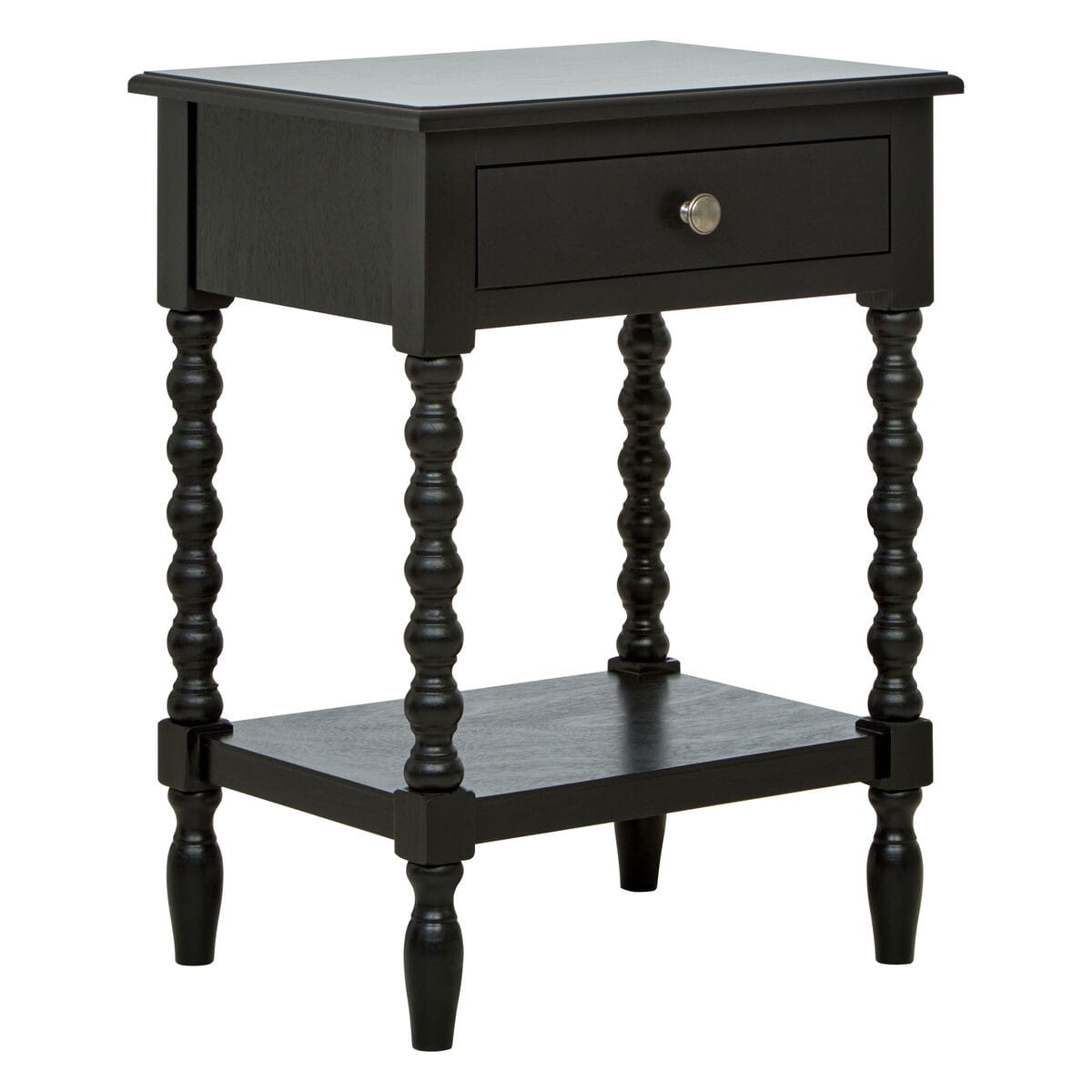 Black one-drawer nightstand with an open shelf and bobble legs