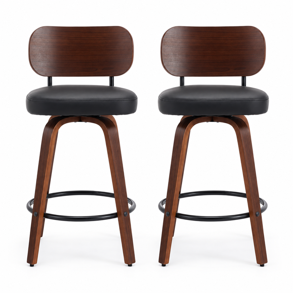 Set of two walnut and black swivel counter stools on white