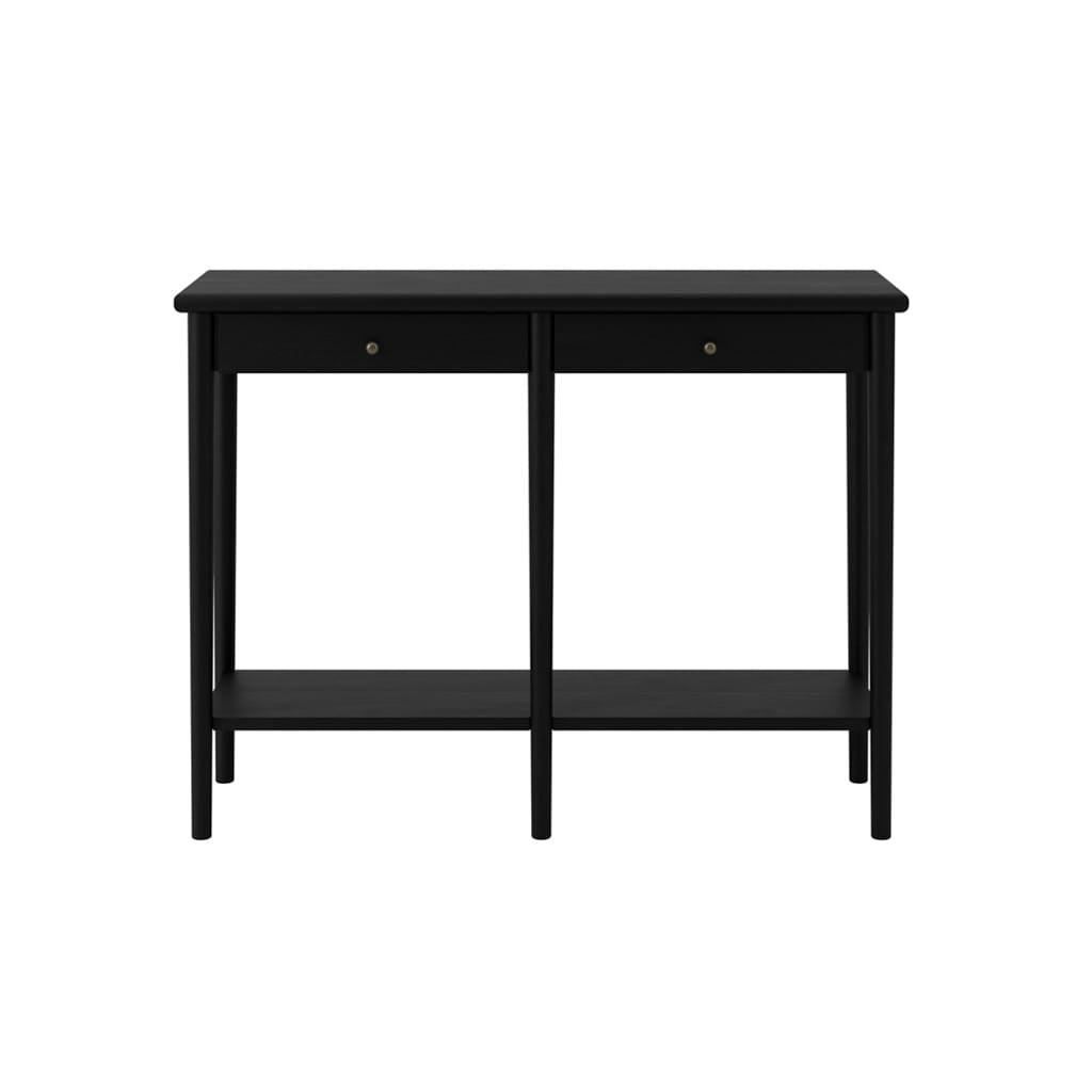 Black rectangular console table with a rubberwood base