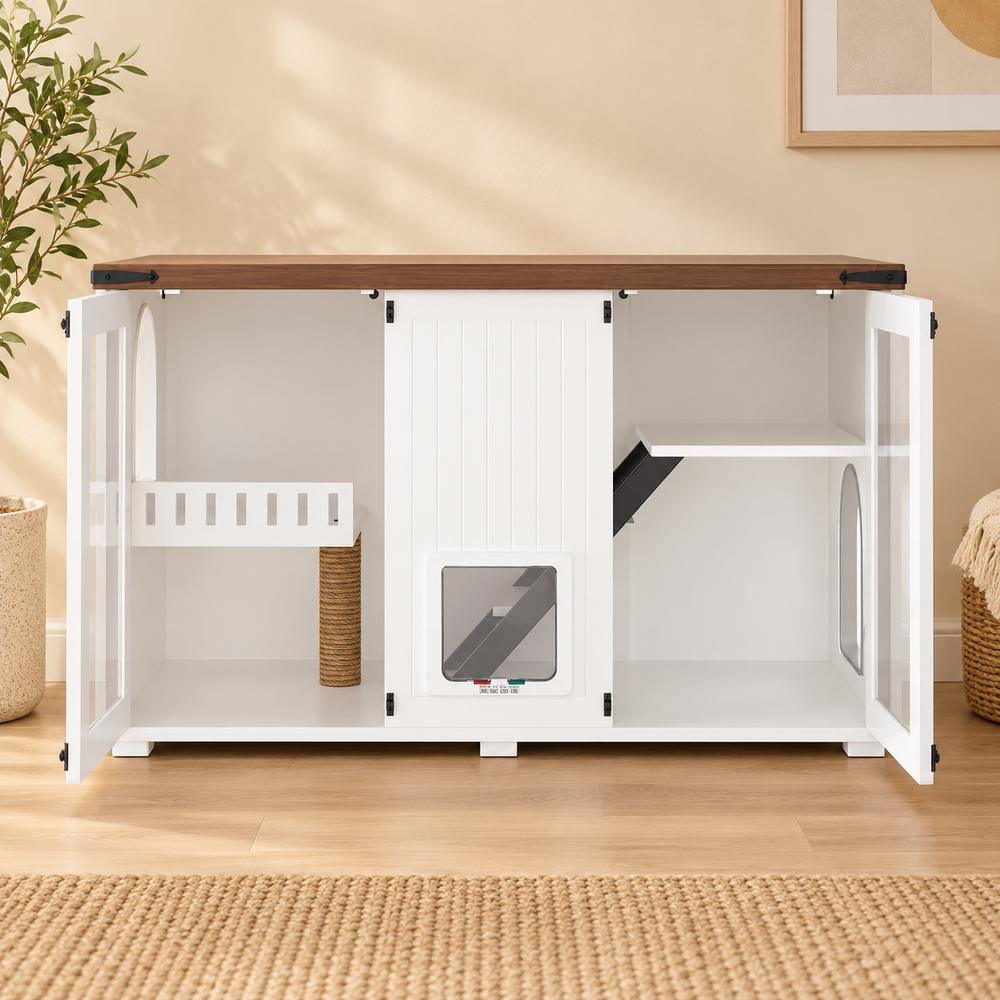 Outer acrylic doors open for interior access; internal steps, platforms and scratching post; room decor not included