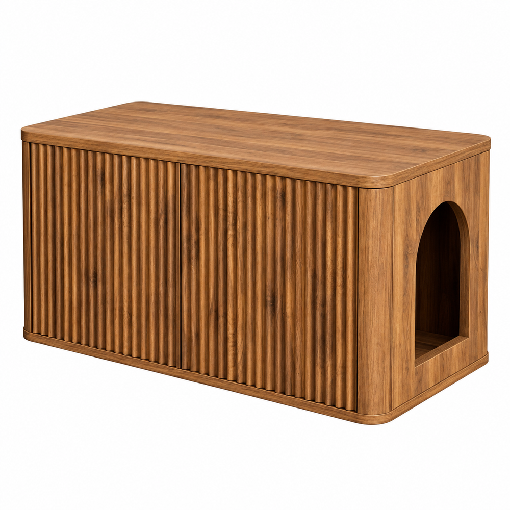 Fluted walnut-finish MDF litter enclosure with no front handles on white
