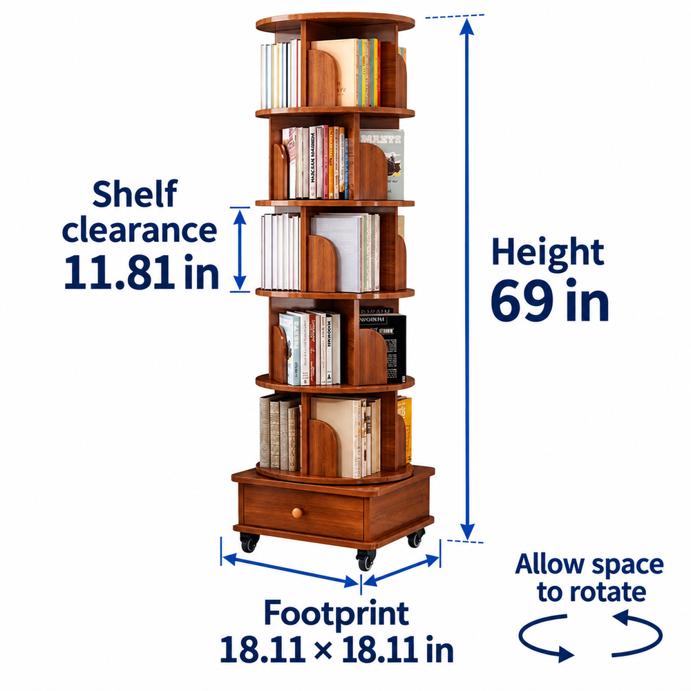 Bookshelf height, footprint and illustrated shelf clearance