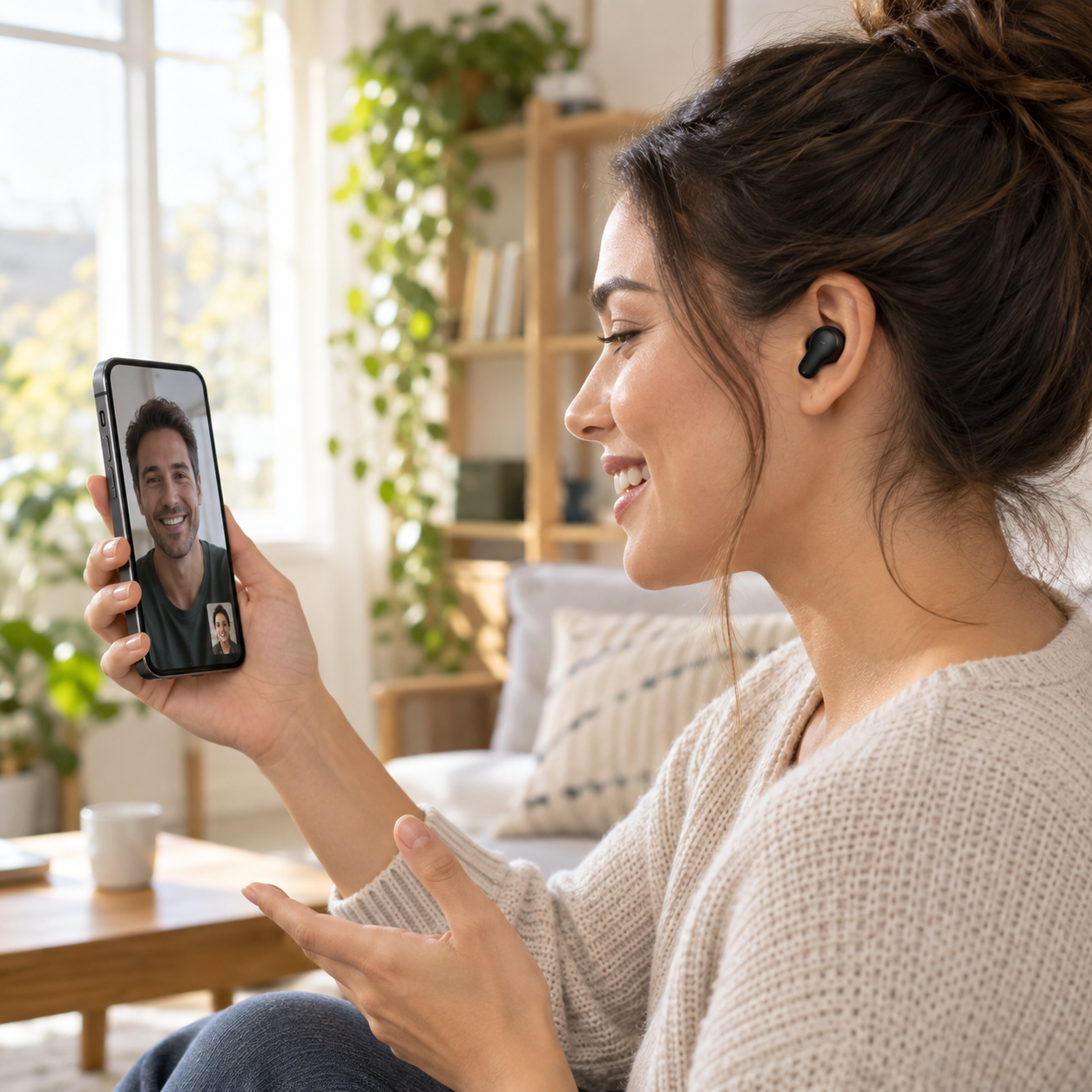 Woman using a black earbud during a phone conversation