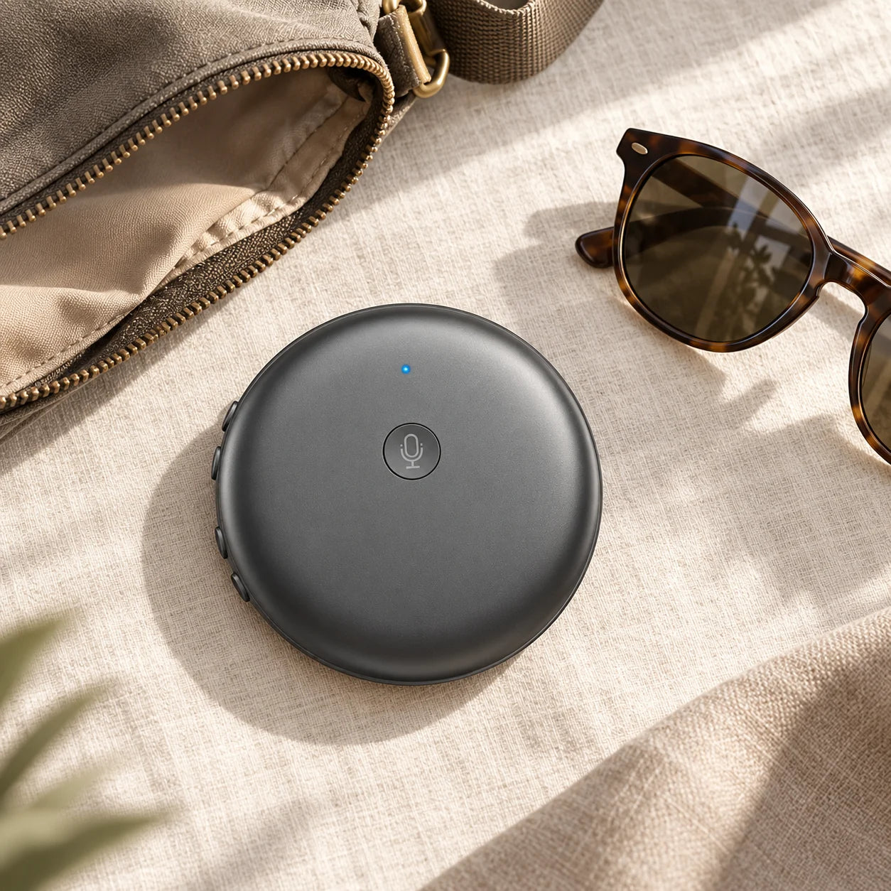 Graphite translator beside a travel bag and sunglasses, illustrative styling