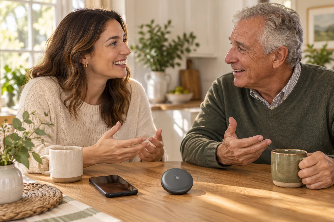 Illustrative family conversation with the translator and a phone on the table