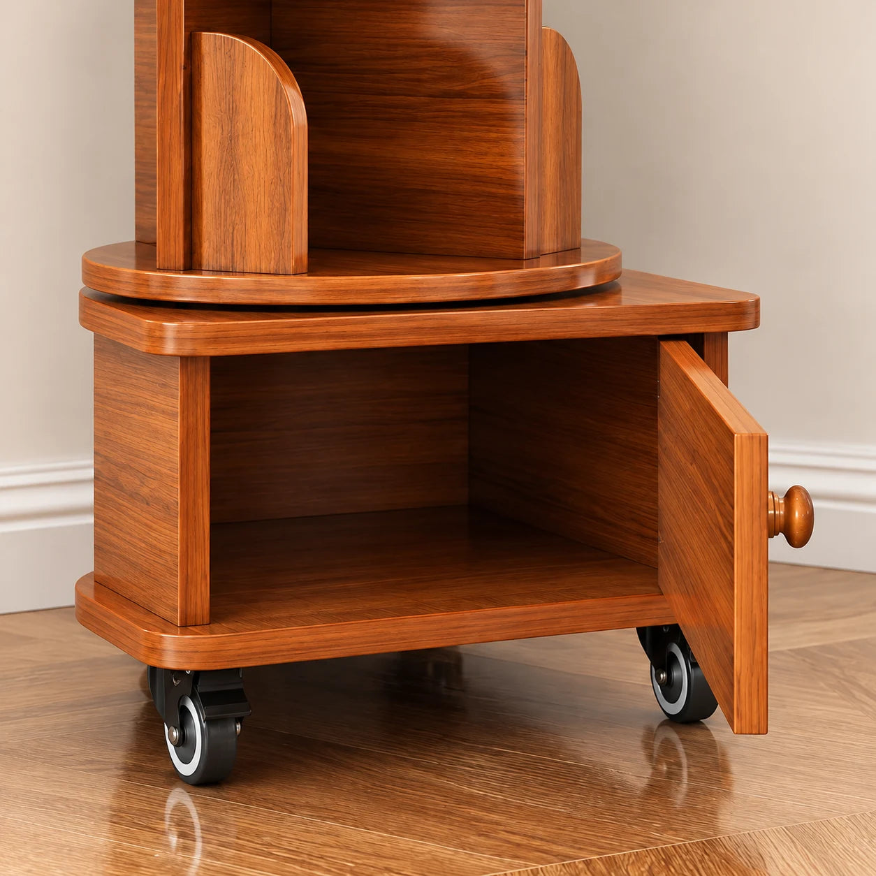 Lower hinged-door cabinet open beneath the rotating bookshelf