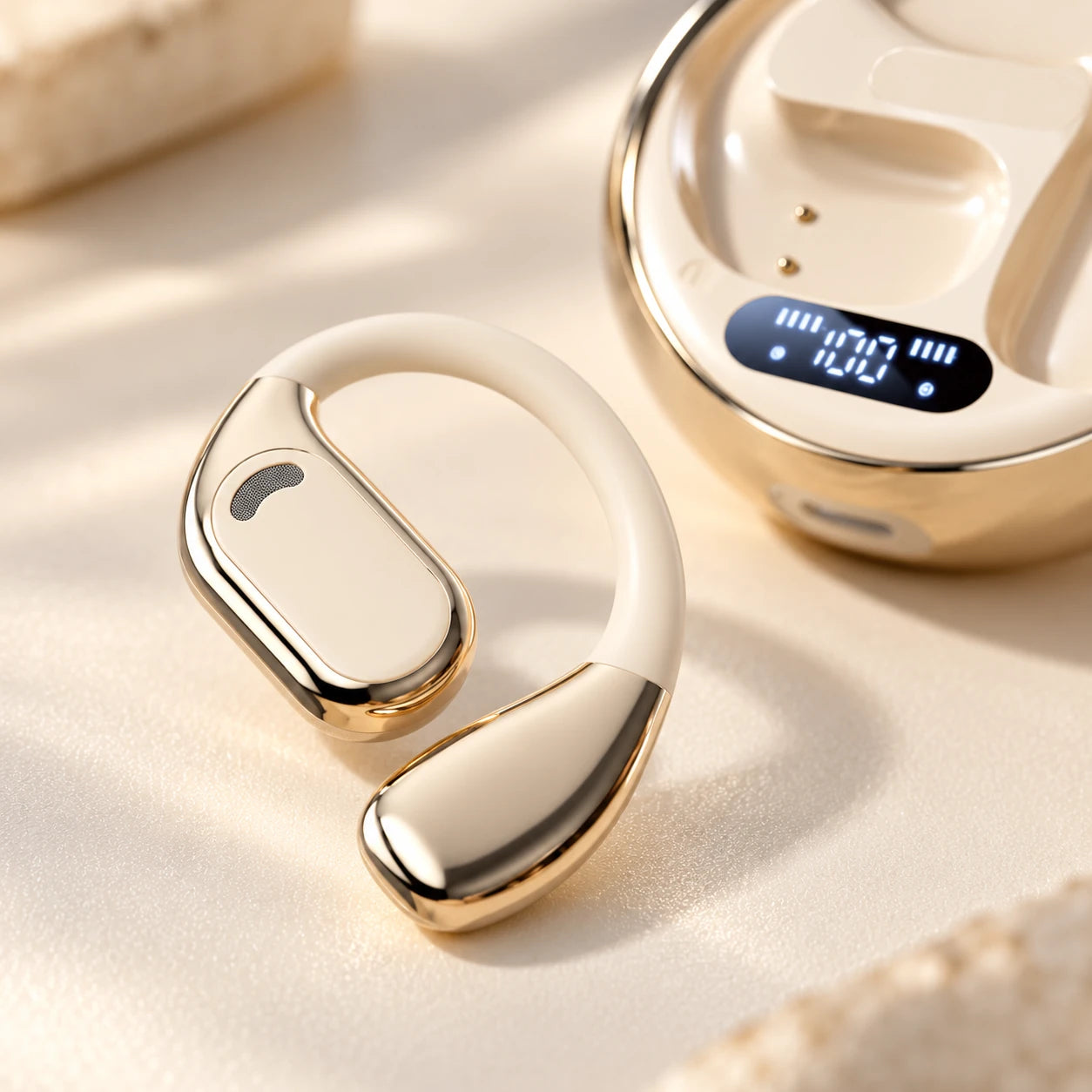 Detail of the earbuds and their charging system