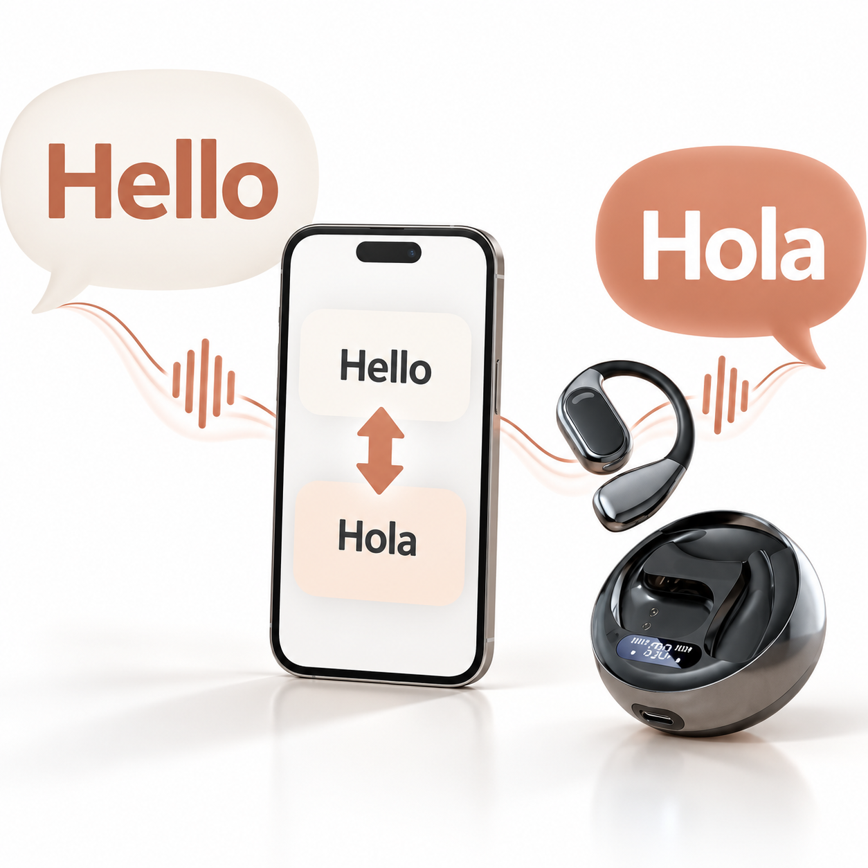 Illustration of phone-assisted conversation across languages