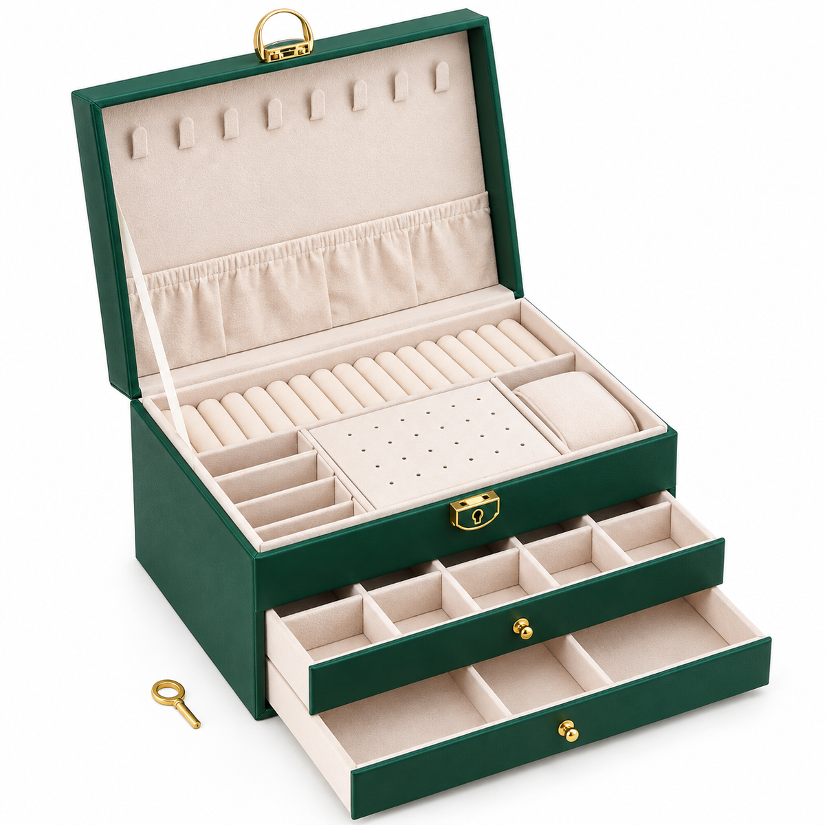 Large Green Jewelry Organizer with Drawers & Lock