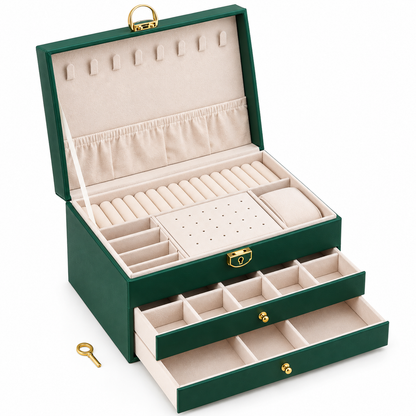 Large Green Jewelry Organizer with Drawers & Lock